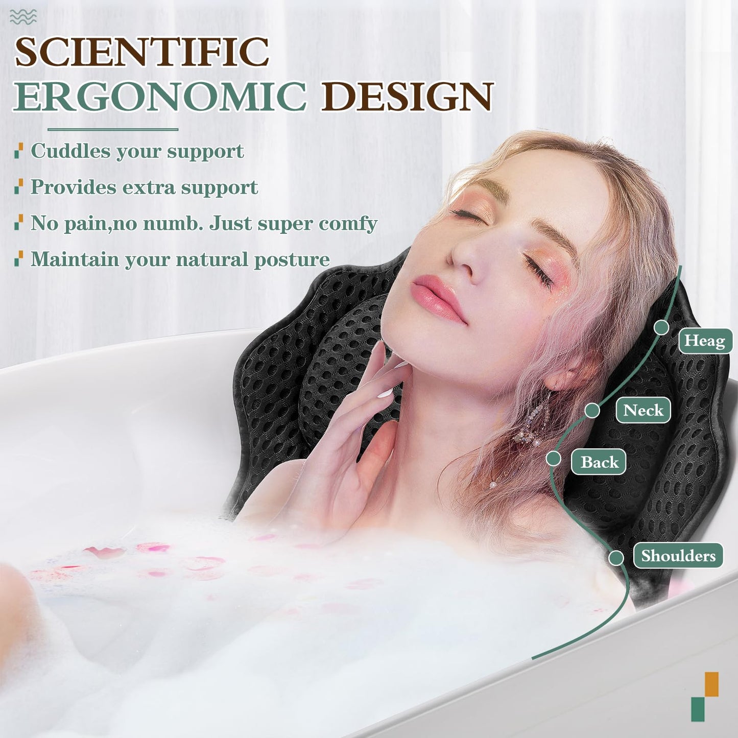 Bath Pillow RUVINCE Ergonomic Luxury Bathtub Pillow with Head,Neck, Shoulder and Back Support, 4D Bath Pillows for tub with 6 Powerful Suction Cups Beauty and Personal Care RUVINCE