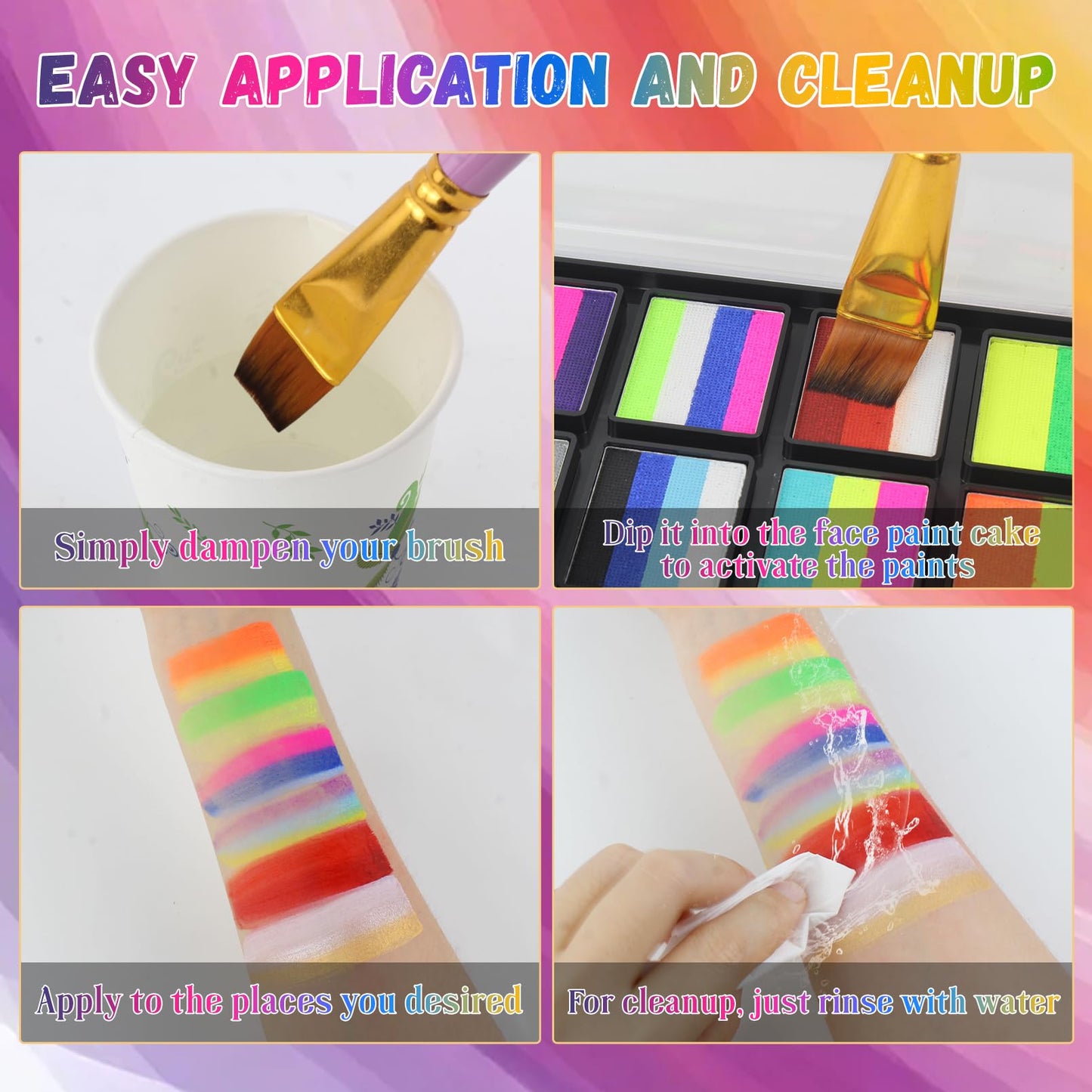Water Activated Face Paint, Highly Pigmented Facepaint Makeup Kit, Quick-Drying Body Paint for Adults, Split Cake Face Paint with 4 Paint Brushes Beauty & Personal Care BRIMFULITE