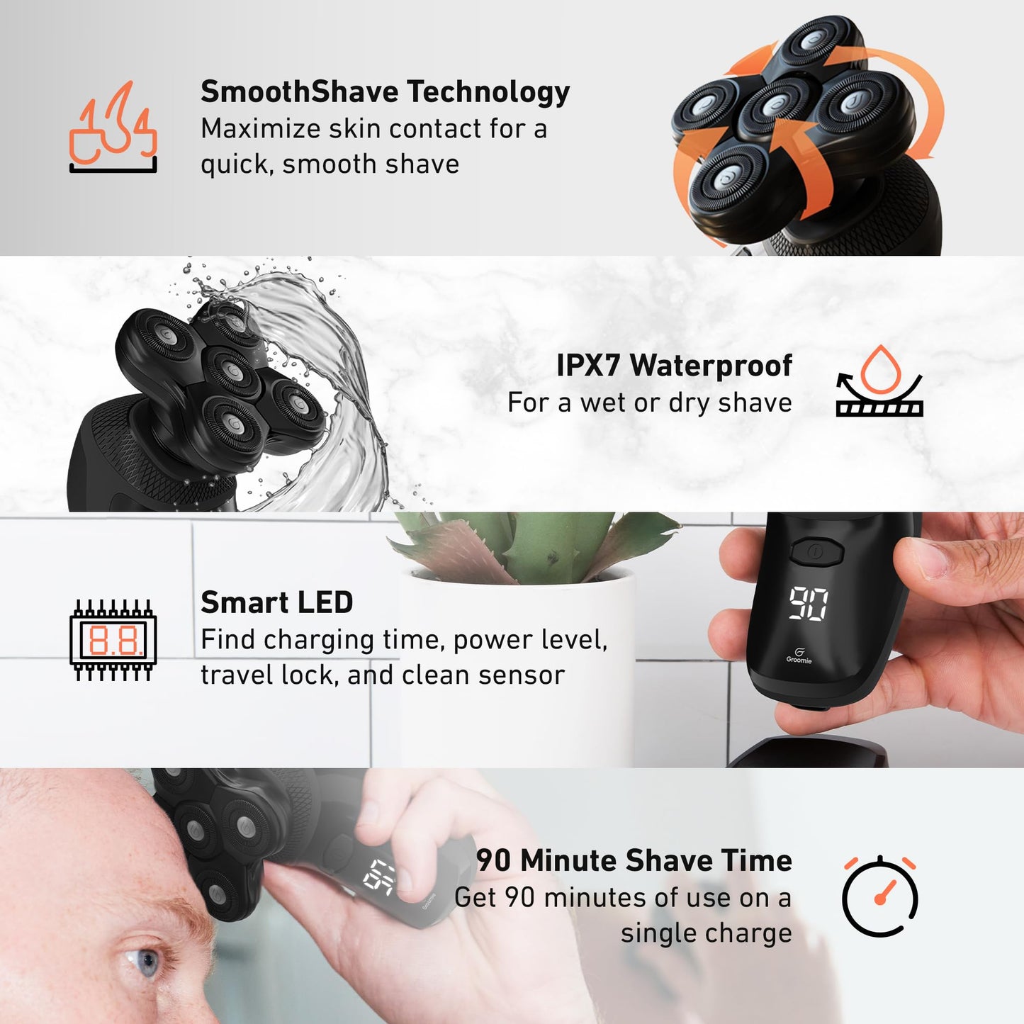 Groomie Mens Grooming Bundle - BaldiePro Electric Head Shaver for Bald Men Includes Travel Case, Charging Dock & Accessory Kit - Deodorant, Scalp Beauty and Personal Care Groomie