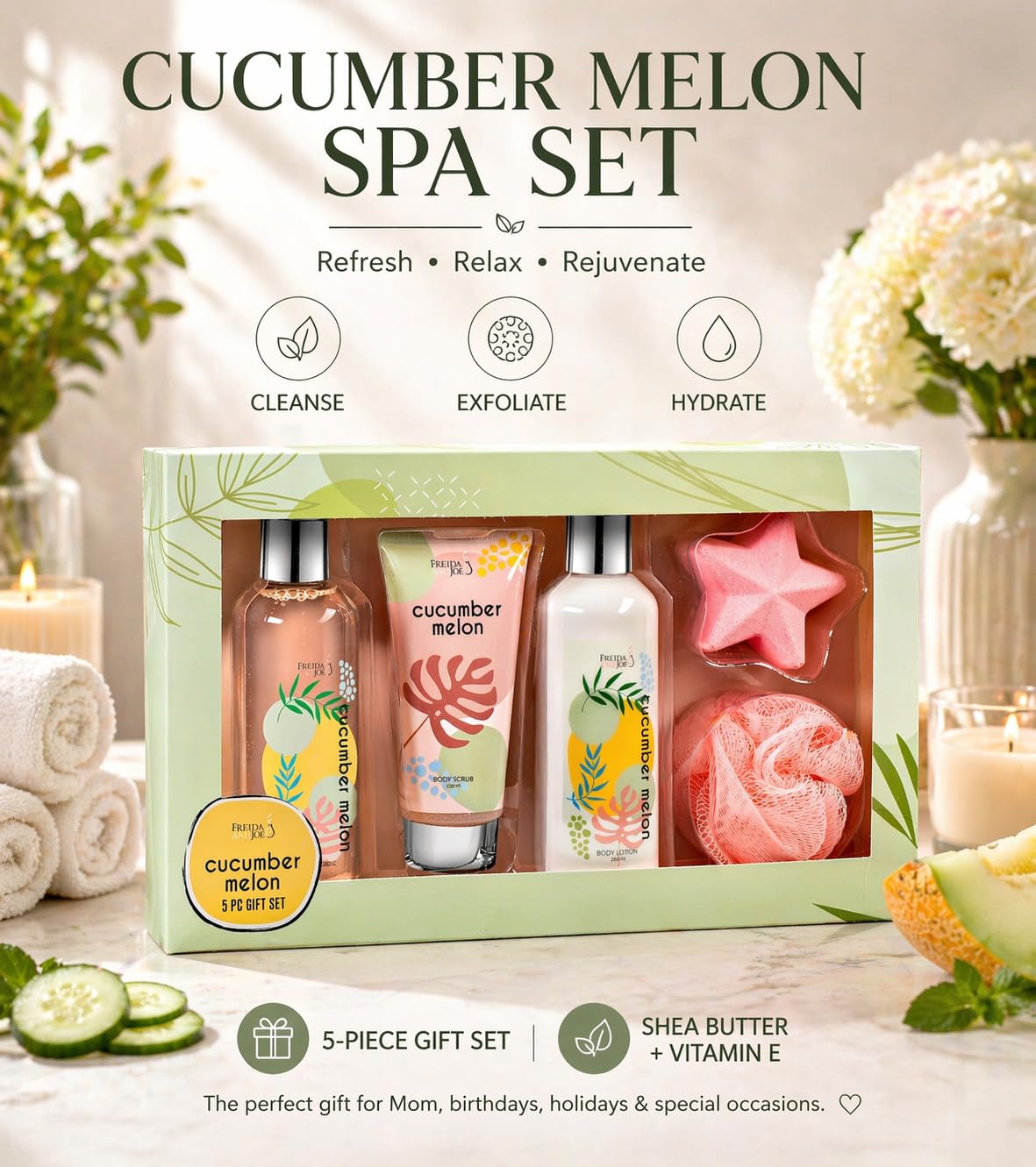Fragrance Bath & Body Collection Gift Box, Includes Shower Gel, Body Lotion, Body Scrub, Bath Bomb & Sponge (Cucumber Melon) Beauty and Personal Care Freida and Joe