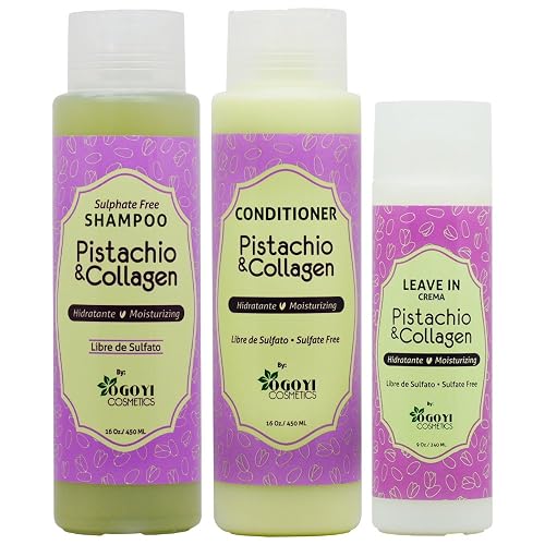 Ogoyi Cosmetics Pistachio & Collagen Shampoo + Conditioner + Leave in Crme Set - Strengthening, Nourishing - Dry Hair - 3 Count Beauty & Personal Care Ogoyi Cosmetics
