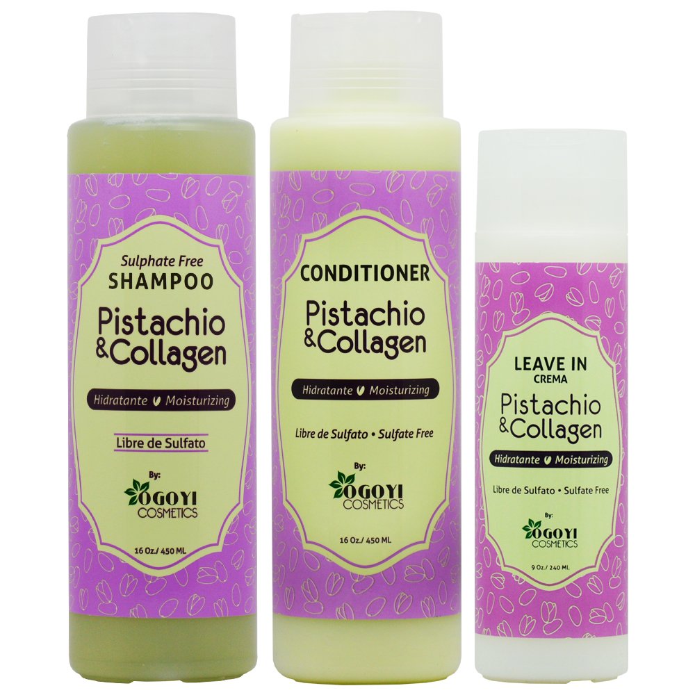 Ogoyi Cosmetics Pistachio & Collagen Shampoo + Conditioner + Leave in Crme Set - Strengthening, Nourishing - Dry Hair - 3 Count Beauty & Personal Care Ogoyi Cosmetics