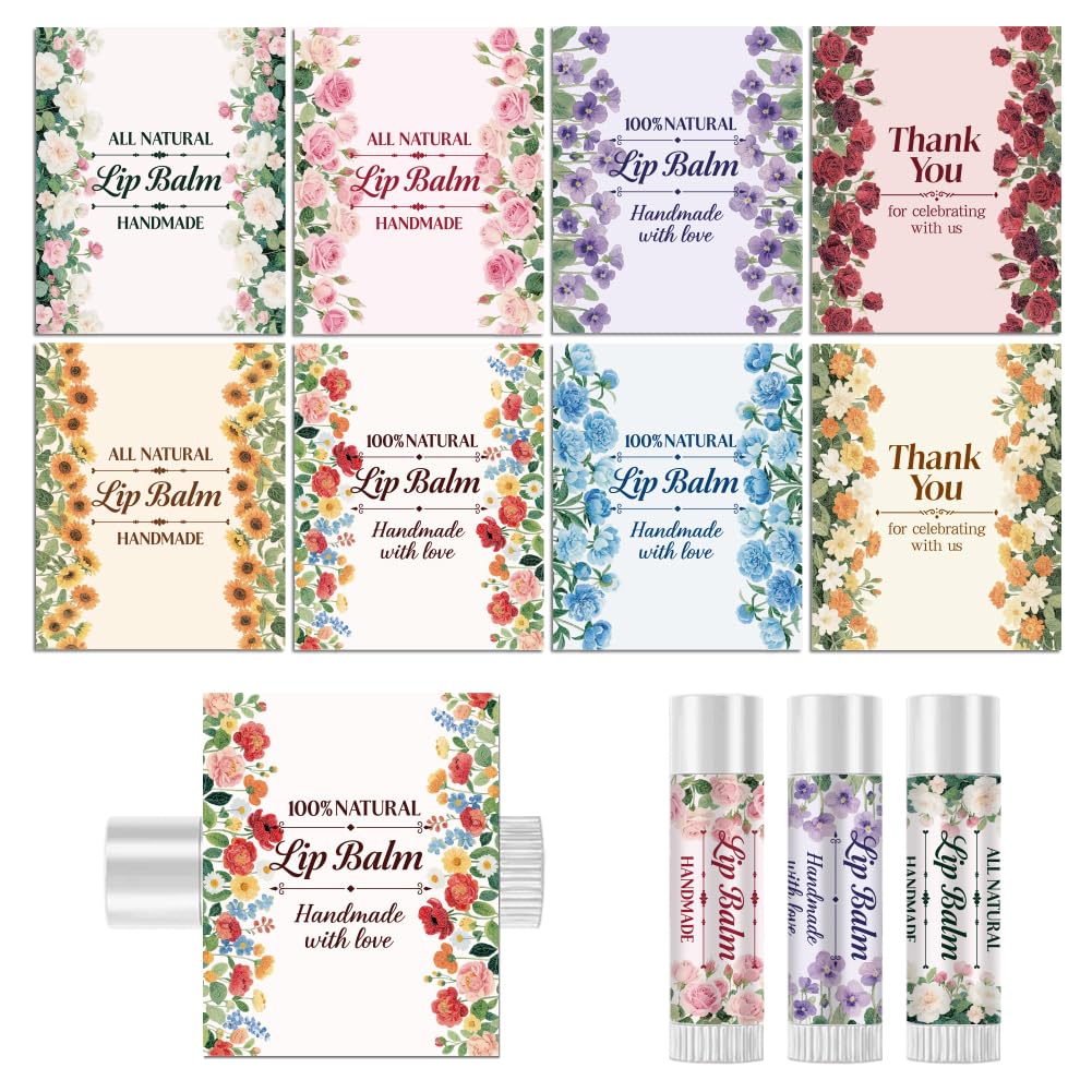 Peacoblue 160Pcs Lip Balm Labels Sticker for Tubes 2.1"x1.7" Flowers with Words, 8 Styles Waterproof Chapstick Labels Glossy for Homemade Lip Balm Beauty and Personal Care peacoblue