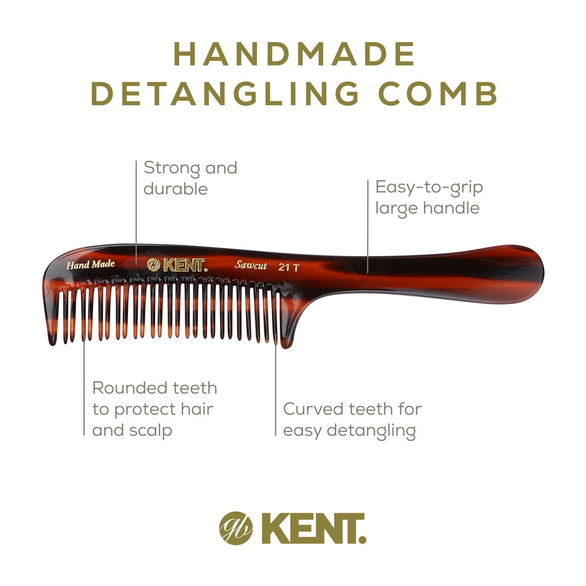 Kent 21T Tortoiseshell Large Detangling Comb, Wide Teeth for Thick Curly Wavy Hair. Long Hair Detangler Comb For Wet and Dry. Handmade of Quality