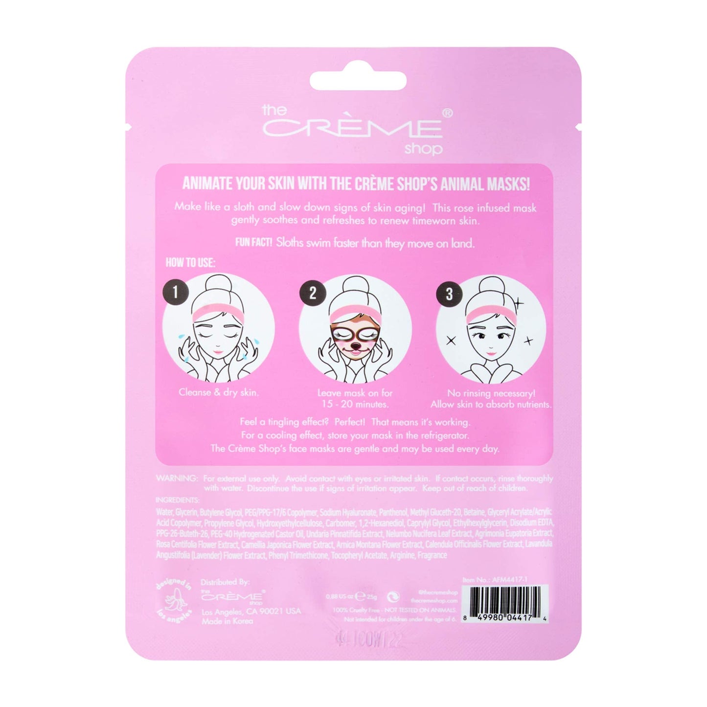The Crème Shop Animal Sheet Mask, Korean, Hydrating, Collagen, Vitamin C, Anti-Aging - Pack of 3 (Sloth) Beauty & Personal Care The Crème Shop