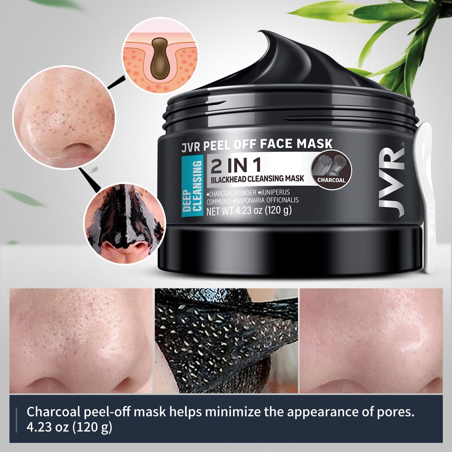 JVR Peel Off Face Mask, Blackhead Mask for Men, Charcoal Peel Off Black Mask, Facial Mask Refreshing and Deep Cleansing for All Skin Types 4.23 OZ Beauty and Personal Care JVR