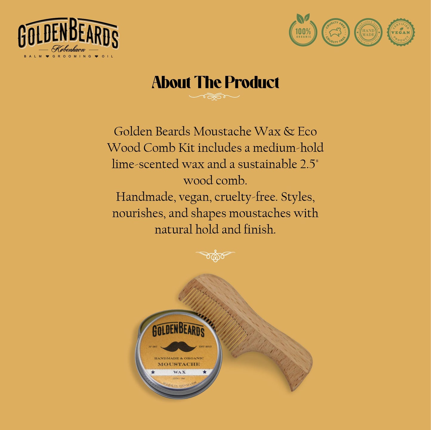 Golden Beards Moustache Wax & Eco Wood Vegan Comb Kit - Medium Hold Wax with Lime Scent & Eco Wood Comb 2.5 in - Handmade, Vegan, Cruelty-Free Beauty and Personal Care Golden Beards Kobenhavn BALM GROOMING OIL