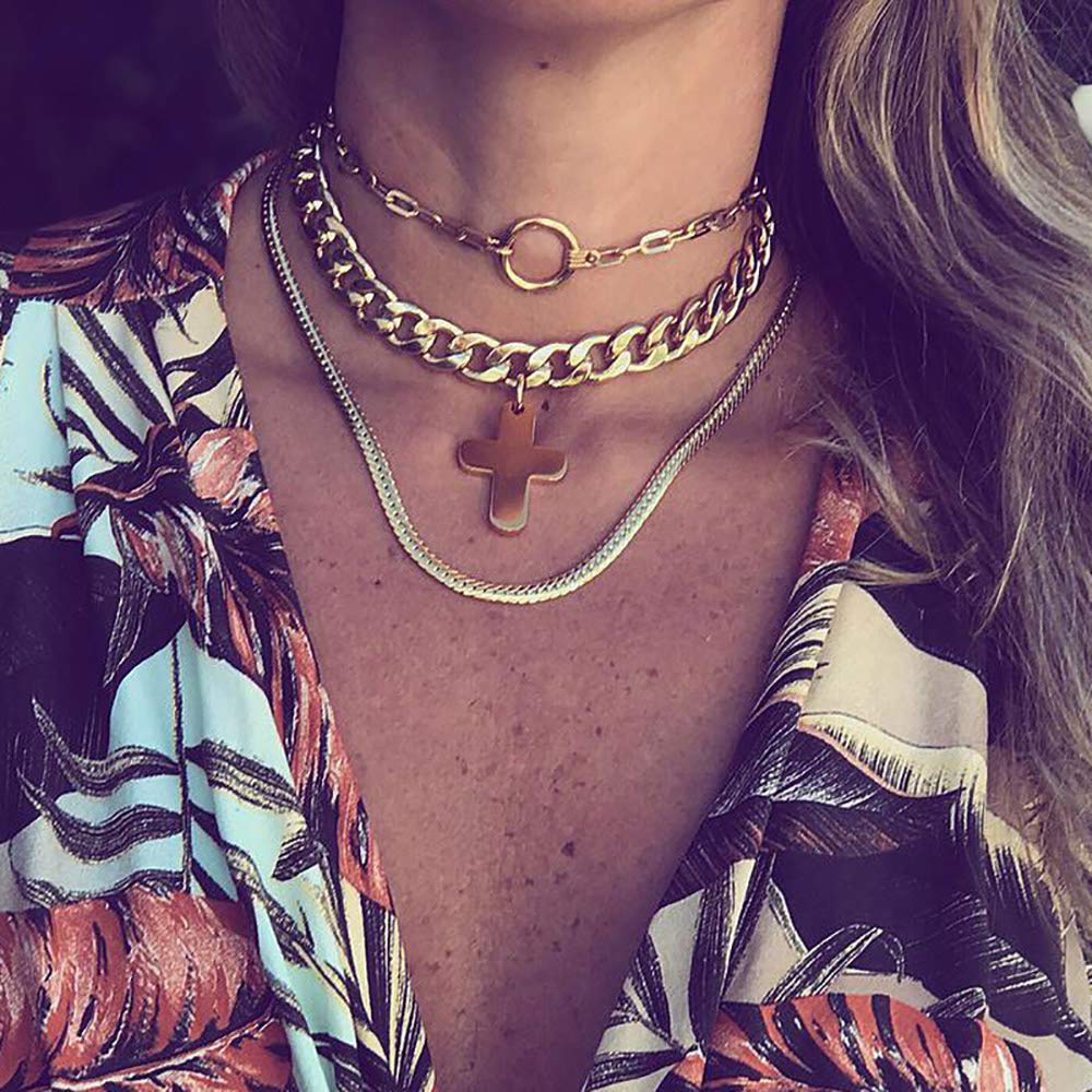 DoubleNine Ring Cross Choker Thick Gold Chain Choker 3 Layer Chain Curb Collar nNecklace for Women Girls Beauty & Personal Care Doubnine