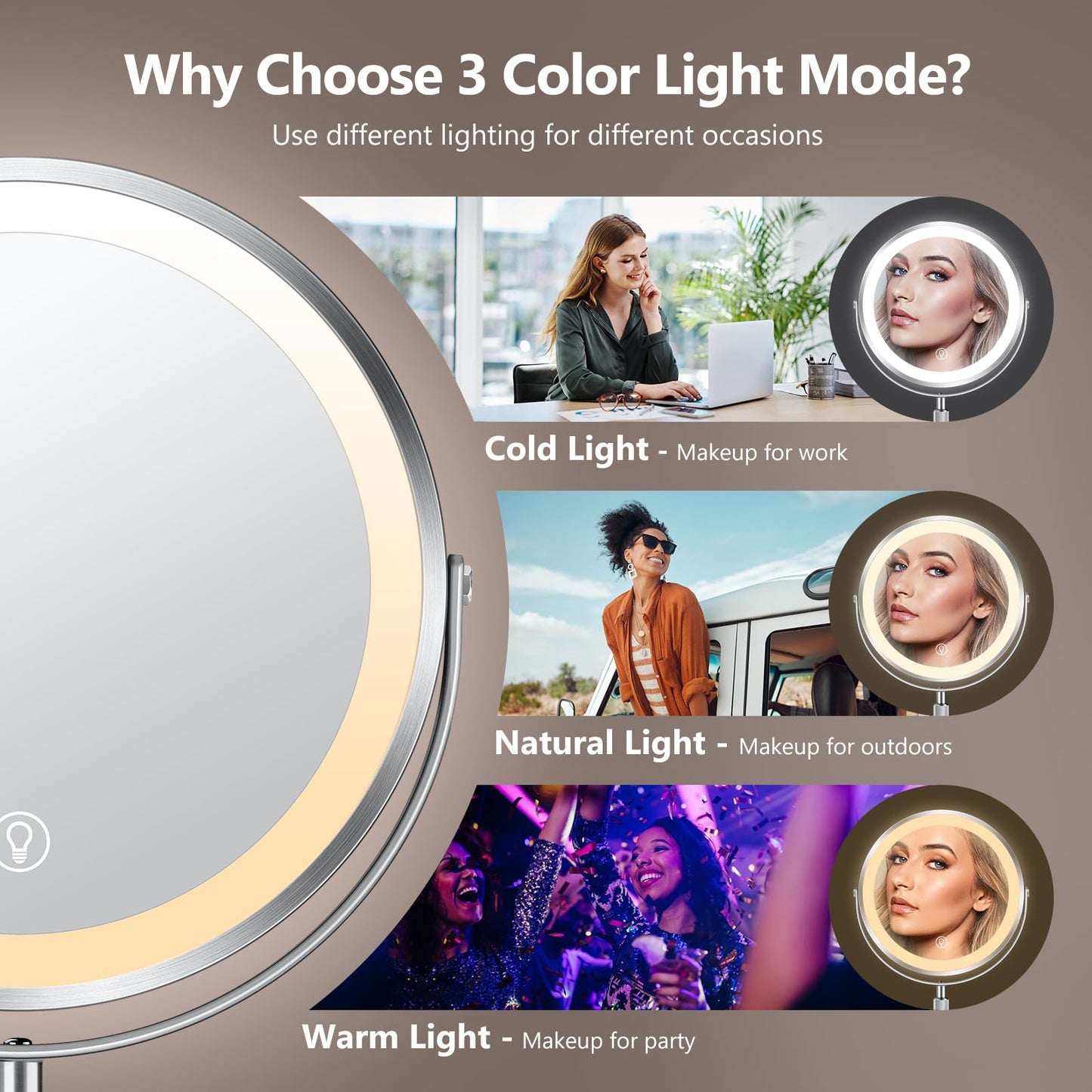 10x Large Lighted Makeup Mirror, Rechargeable 8" Height Adjustable Vanity Mirror, 1x/10x Magnifying Mirror with 3 Color, Brightness Adjustable, 360° Beauty & Personal Care UBYMET