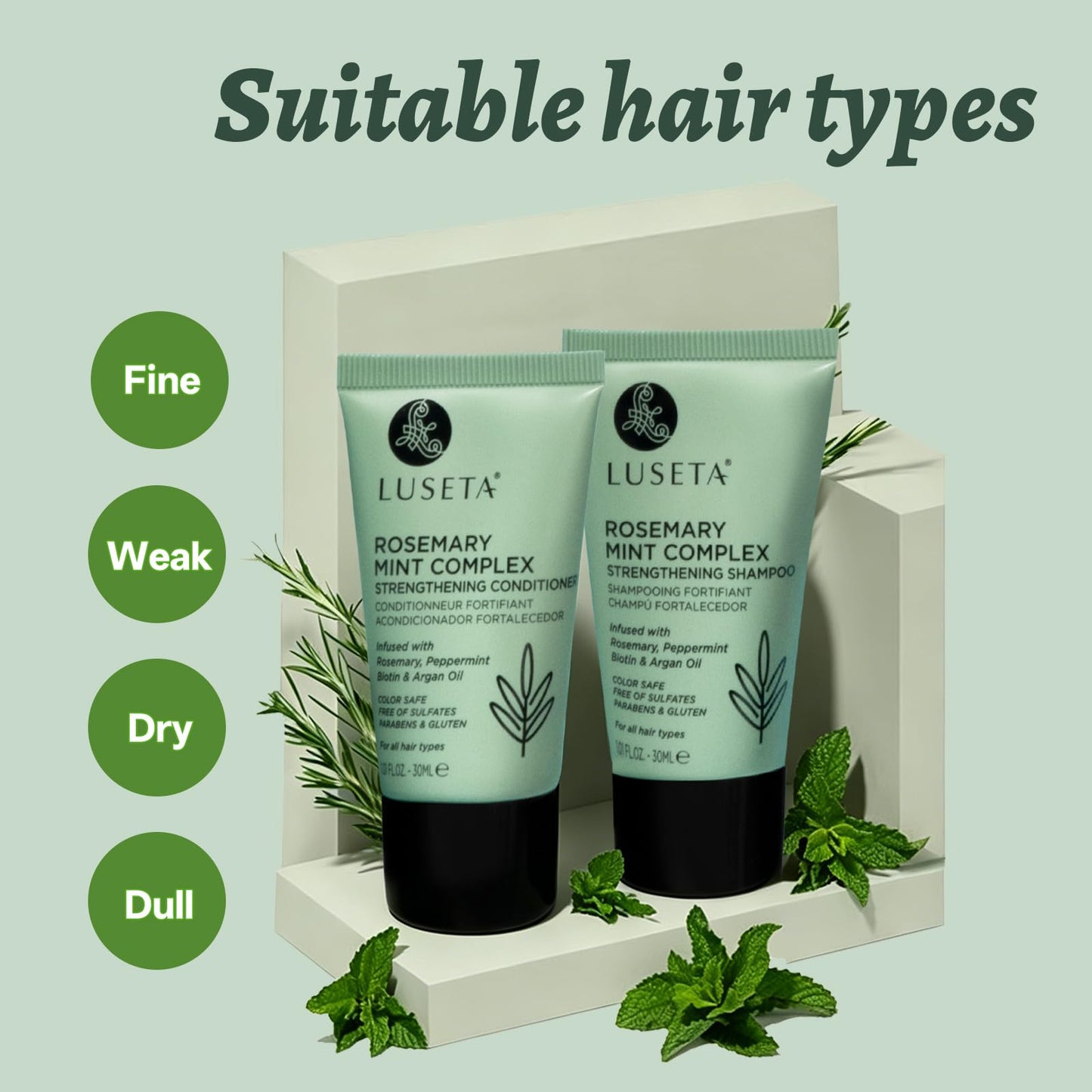 Luseta Rosemary Mint Tavel Shampoo and Conditioner Set Mini Size Strengthen and Nourish Thinning Hair Reduce Frizz for Women and Men 2 x 1.01oz Beauty & Personal Care L LUSETA