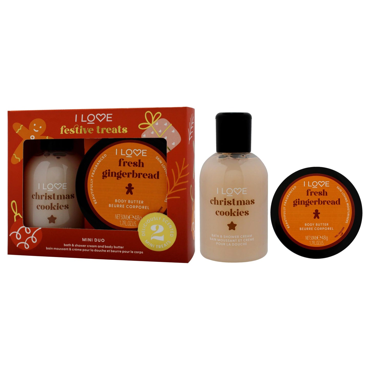 I Love Miniature Festive Treat Box by I Love Cosmetics for Unisex - 2 Pc 3.3oz Christmas Cookie Bath and Shower Creme, 1.7oz Gingerbread Body Butter Beauty and Personal Care I LOVE