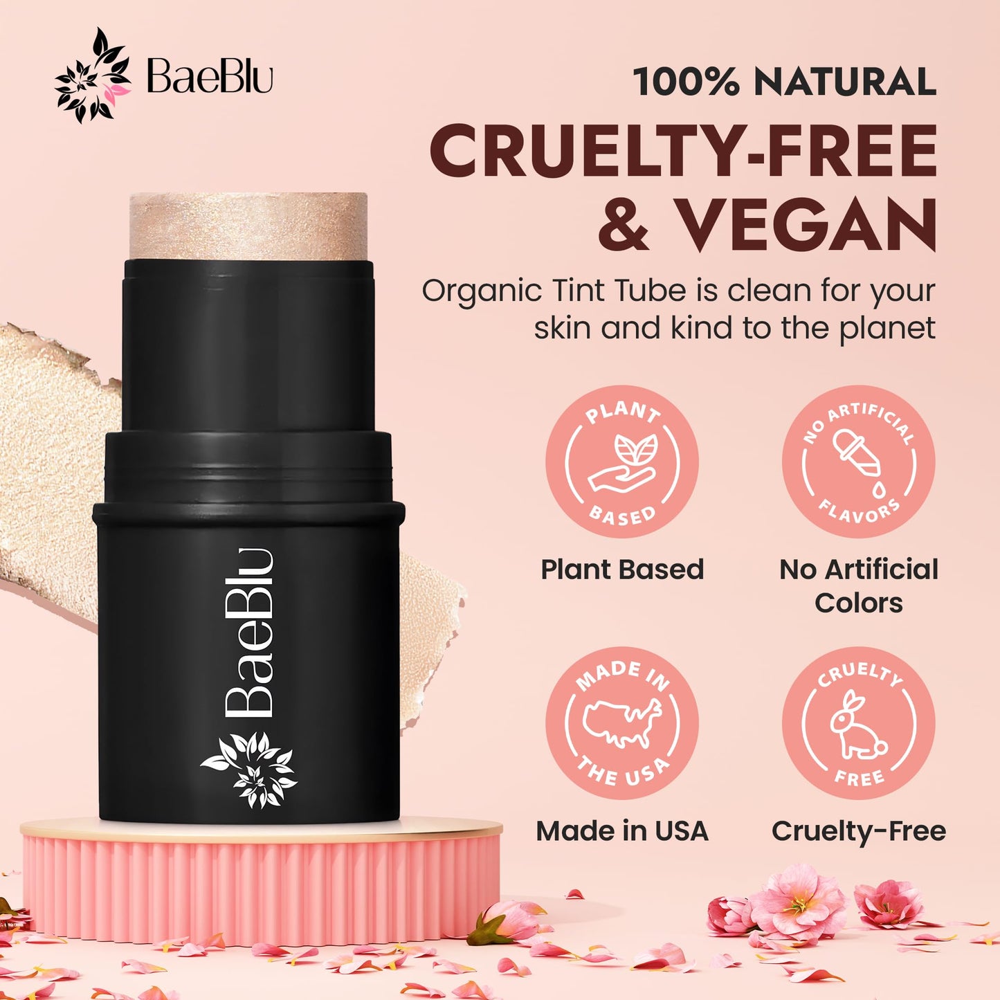 BaeBlu - Organic Blush Tube, Chardonnay - 100% Natural Vegan Cream Blush Sticks, Multi-Use Bronzer, & Highlighter for Lips, Cheeks & Eyes, Buildable Beauty & Personal Care BaeBlu