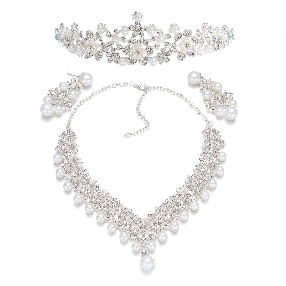 FRCOLOR Crown Tiaras for Women Wedding Bridal Jewelry Sets Rhinestone Pearl Crown Crystal Necklace Earrings Accessories for Halloween Wedding Prom