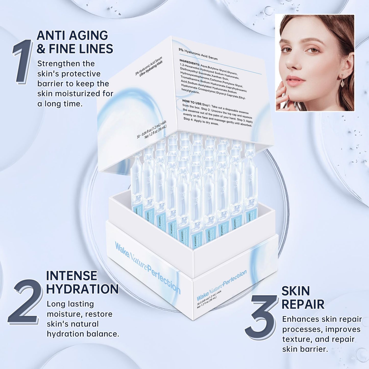 3% Hyaluronic Acid Serum Ultra-Hydrating Vials, 60pcs Hyaluronic Acid Tubes, Wake Nature Perfection, Hyaluronic Serum for Face, Ultra Hydrating Beauty & Personal Care mopayzer