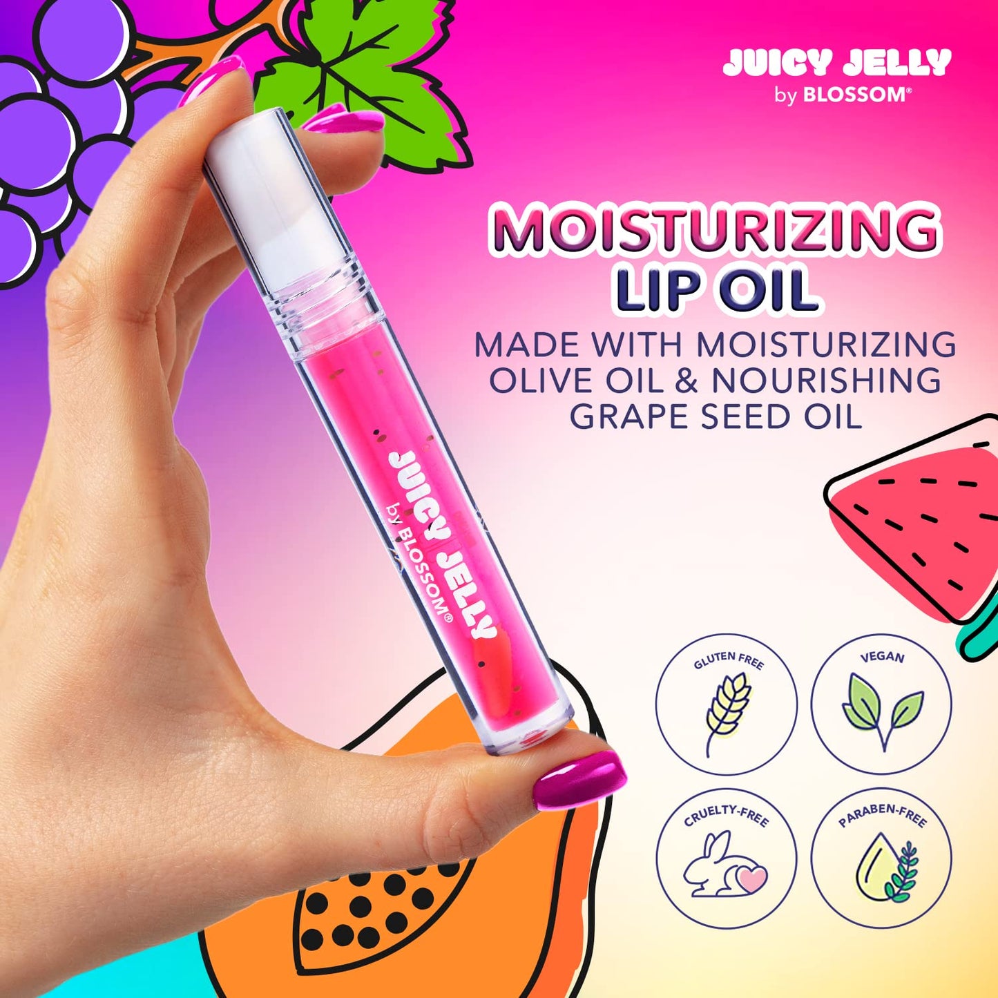 Blossom Lip Gloss Juicy Jelly Moisturizing Fruit Flavored Nourishing High Shine Lip Oil with Doe Foot Wand Applicator, 0.09oz, Strawberry Beauty & Personal Care Blossom