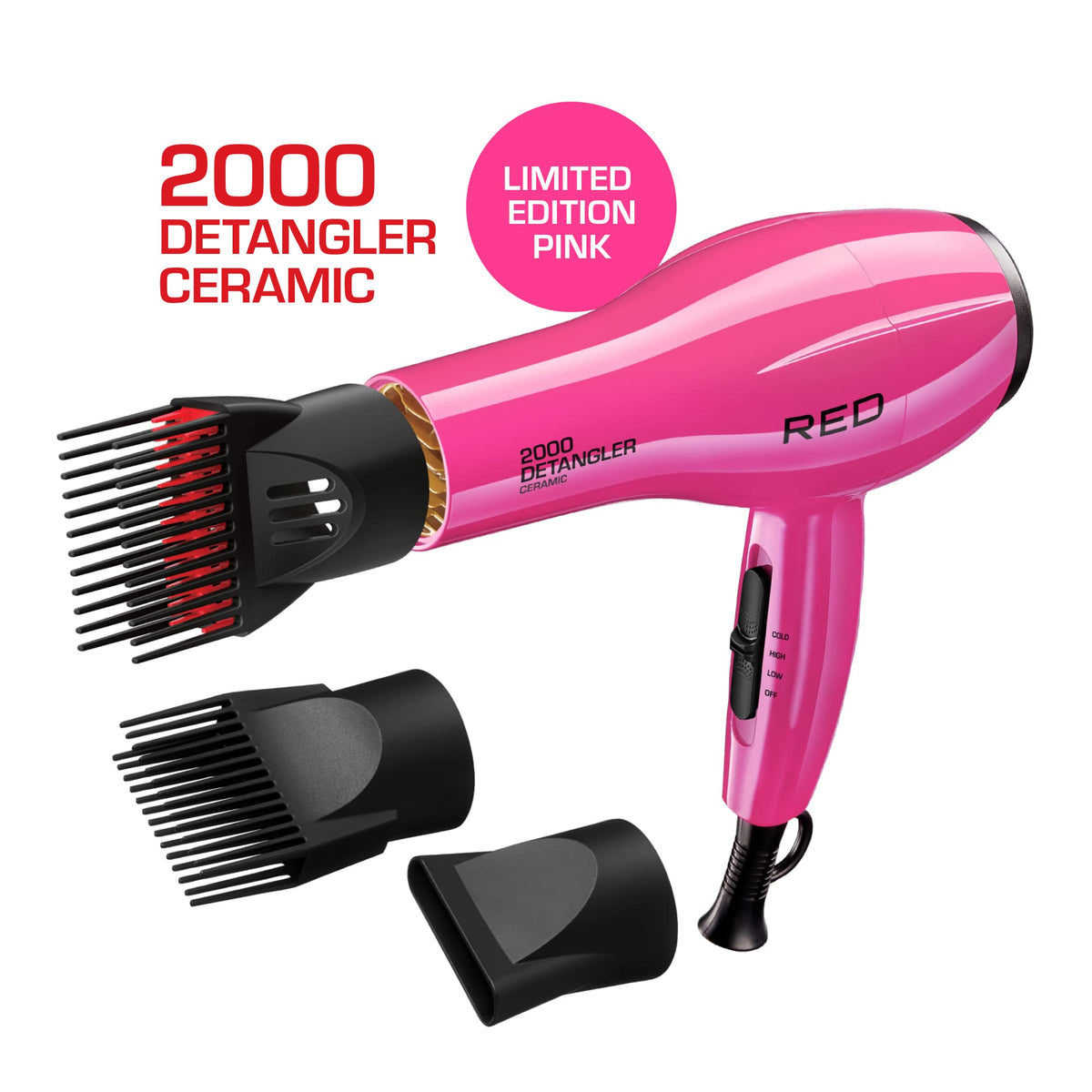 RED by KISS 2000 Ceramic Hair Dryer, Professional Salon Blow Dryer, 2 Detangler Pik Attachments, Tourmaline Technology, 3 Heat Settings, Easy Storage