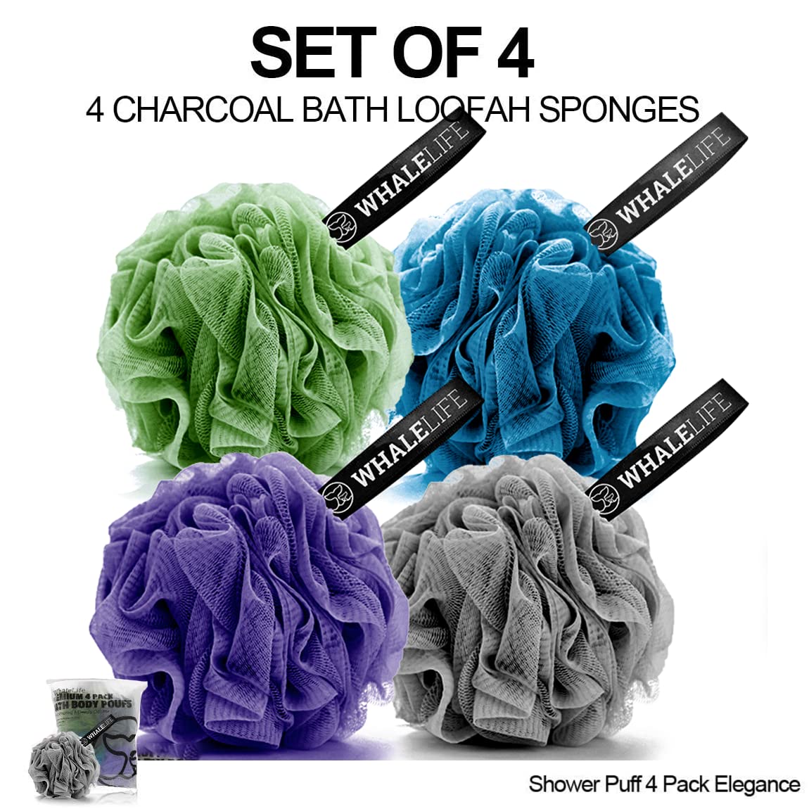 Loofah Sponge Bath Sponge for Women Men 4 Pack (Gray Blue Green Purple) Beauty & Personal Care WhaleLife