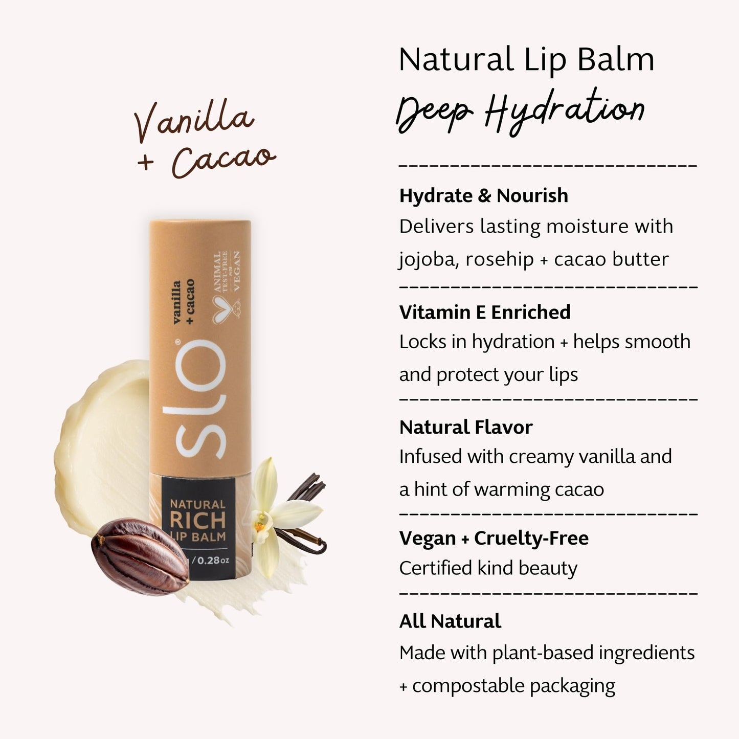 Slo Hydrating Lip Balm - All Natural Ingredients, Rich Lip Balm with Organic Jojoba, Rosehip, Cocoa Butter - Vegan, Cruelty-Free, Paper Packaging Beauty and Personal Care Slo
