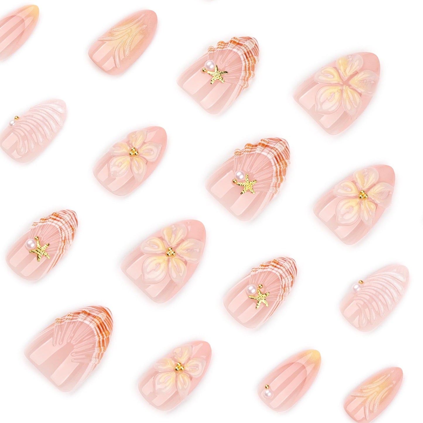 CTTHNBD Almond Press on Nails Short - Summer Fake Nails with Shell Starfish Design - French Tip, Flower False Nails for Women - 24 Pcs Beauty and Personal Care CTTHNBD