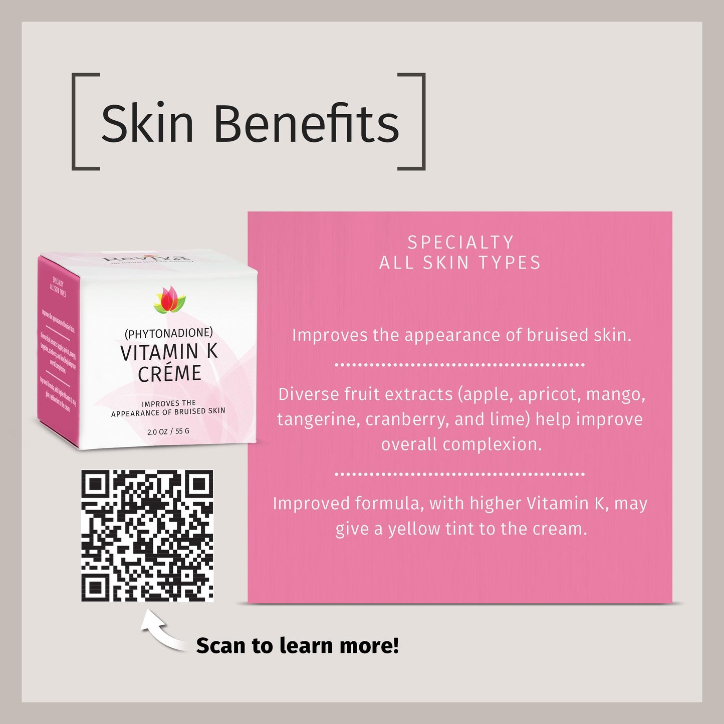 Reviva Labs Vitamin K Crème for Bruising, Under-Eye Dark Circles, and Wrinkles with Soybean Oil and Natural Fruit Extracts - 2 Oz, for Skin and Face Beauty & Personal Care Reviva Labs