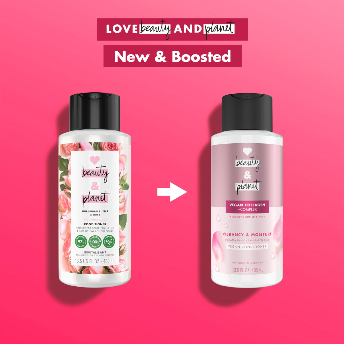 Love Beauty and Planet Vegan Collagen Moisture Conditioner Murumuru Butter & Rose, for Color-Treated Hair Vibrancy,with a