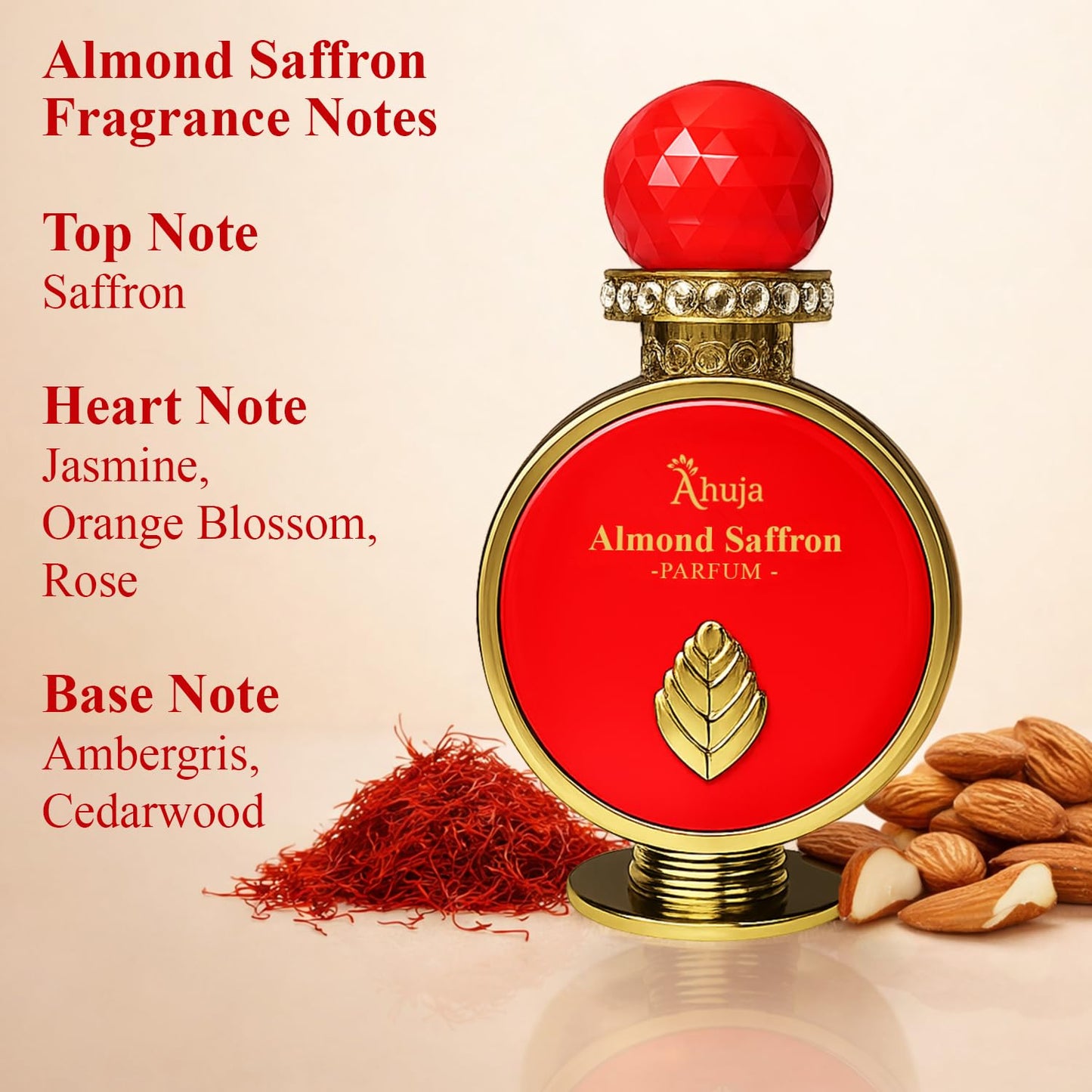 AHUJA Almond Saffron - 3.4 oz Parfum | Unisex Warm Floral Saffron Scent | 30% Long Lasting Oil | Saffron, Jasmine, Orange Blossom, Rose, Ambergris Beauty & Personal Care AHUJA