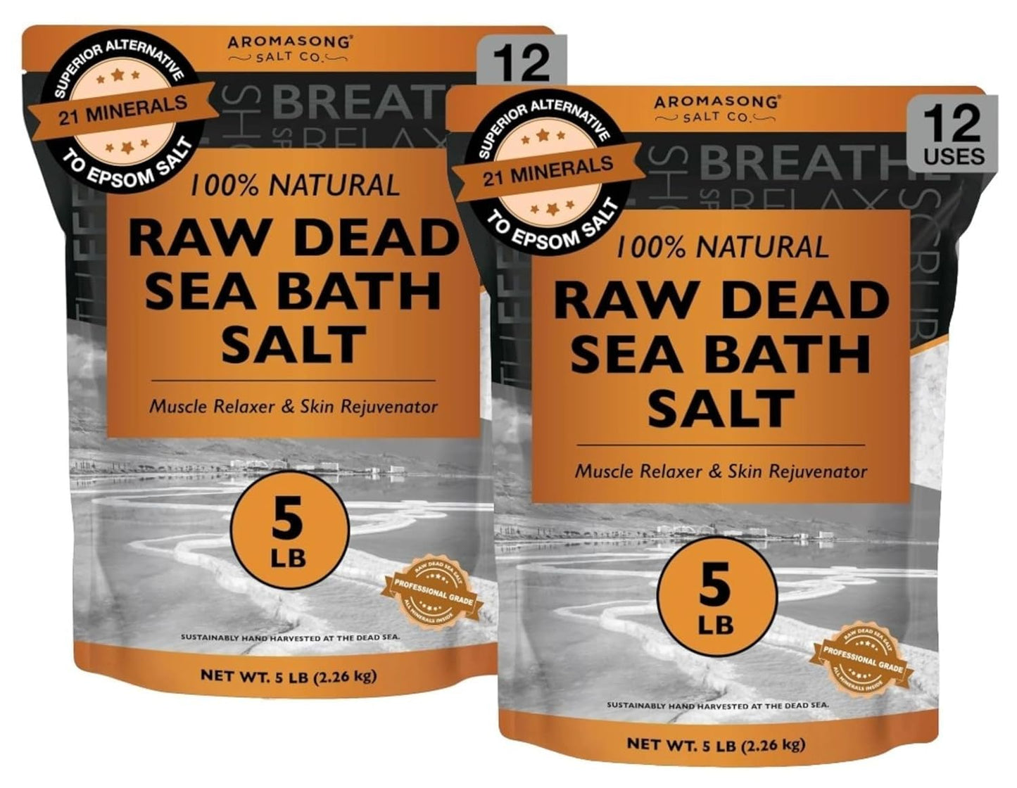 Aromasong Raw Dead Sea Salt for Soaking - Minimal Cleaned Bath Salt Soak - 10 Lbs (2 x 5 lb. Bags) Bulk Resealable Pack - Leaves Your Skin Softer Then Beauty and Personal Care Aromasong