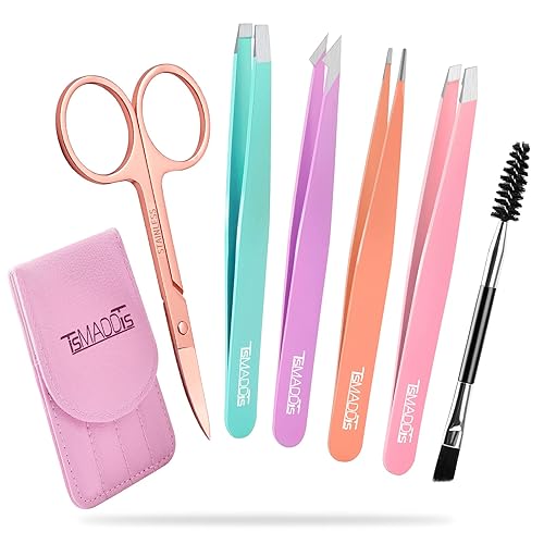TsMADDTs 6 PCS Tweezers Set for Women, Eyebrow Tweezers with Curved Scissor for Ingrown Hair, Hair Plucking Daily Beauty Tools with Leather Travel Beauty & Personal Care TsMADDTs