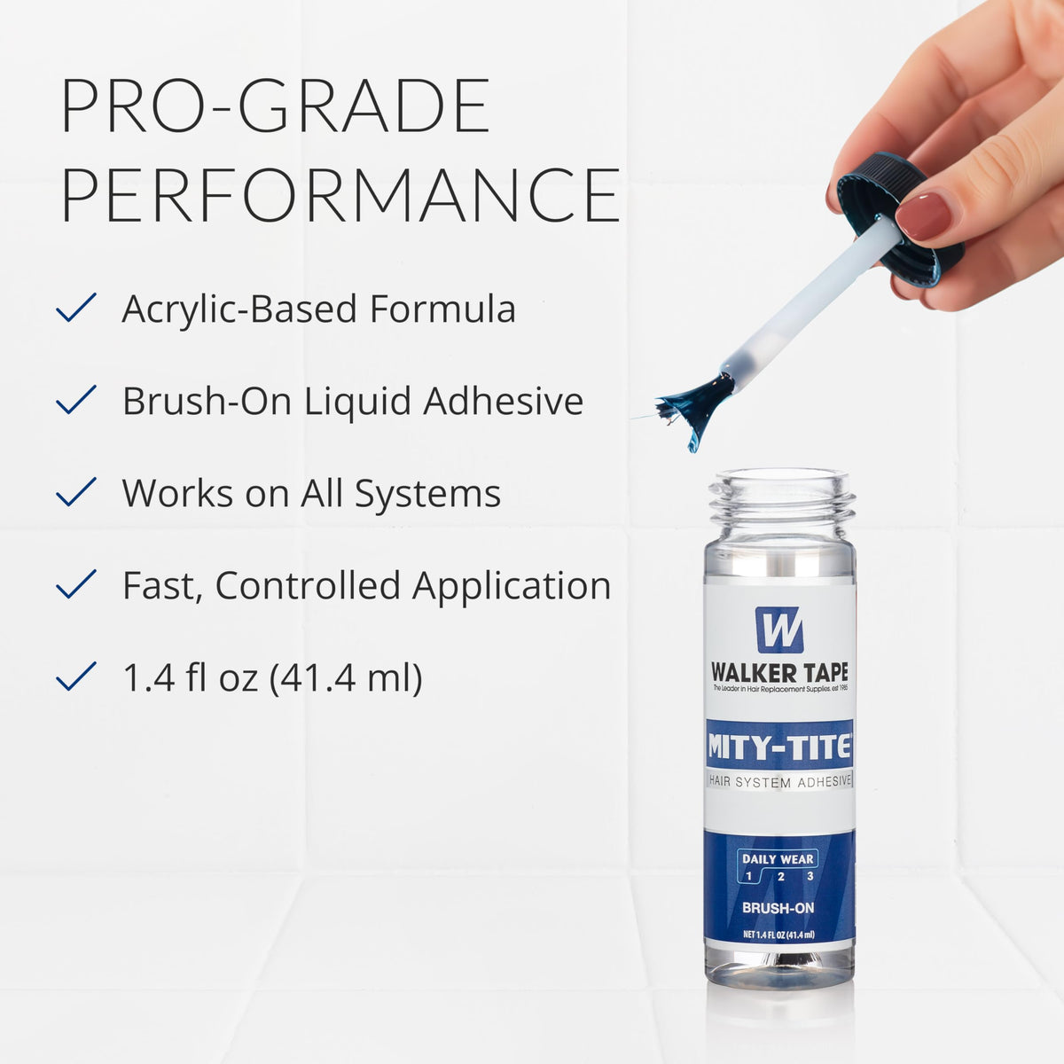 Walker Tape Mity-Tite Brush-On Adhesive 1.4 fl oz, Daily Wear Acrylic Bond for Touch-Ups, Skin-Safe Waterproof Lace Glue Alternative for Lace Wigs