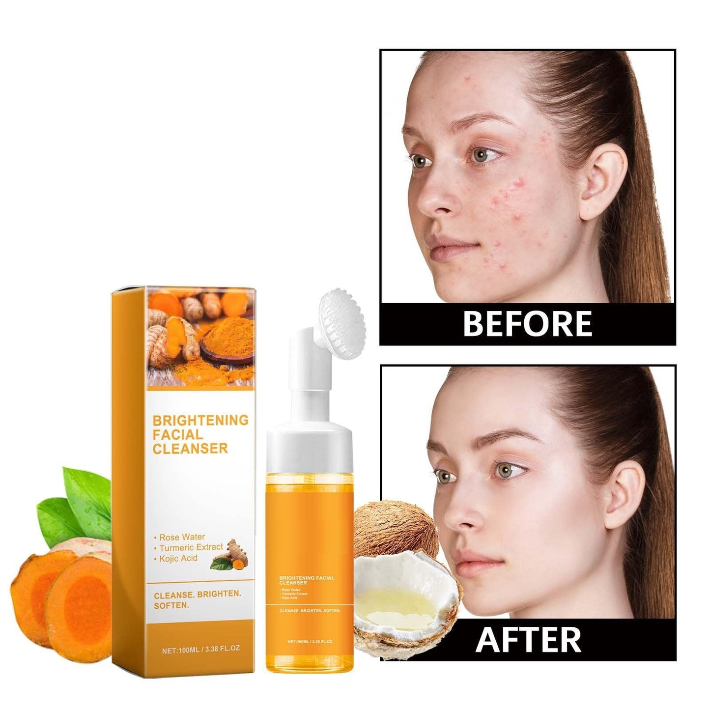2 Pcs Turmeric Foaming Face Wash, Deep Cleansing Glow Wash Turmeric Facial Cleanser With Brush. Beauty and Personal Care HuaQing