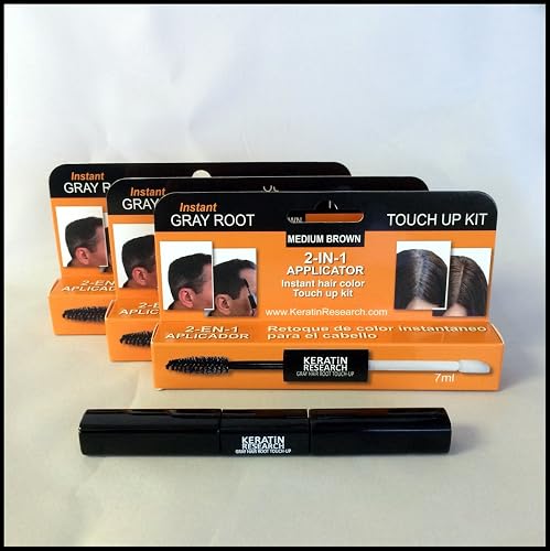 3 PACK Gray Away Instant Hair Root Touch up and Concealer 7ml Dual Brush BLACK Color Beauty & Personal Care KERATIN RESEARCH