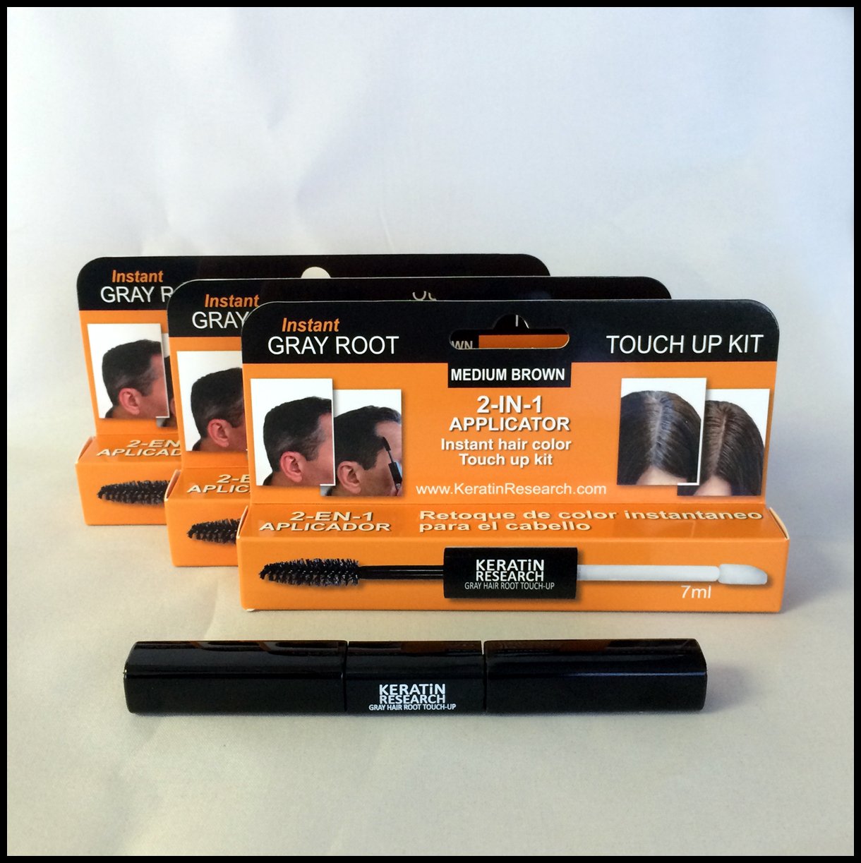 3 PACK Gray Away Instant Hair Root Touch up and Concealer 7ml Dual Brush BLACK Color Beauty & Personal Care KERATIN RESEARCH