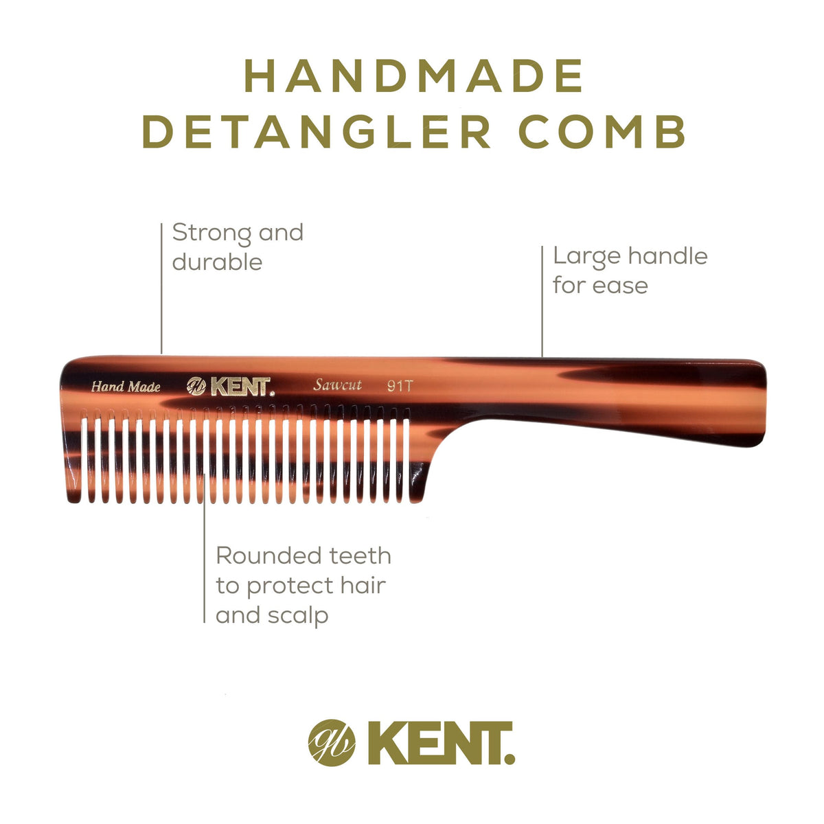 Kent 91T Wide Tooth Detangler Hair Comb for Women and Men - for Curly and Wavy Hair - Wet Hair Comb, Large Handle Wide Tooth Shower Comb for Effective