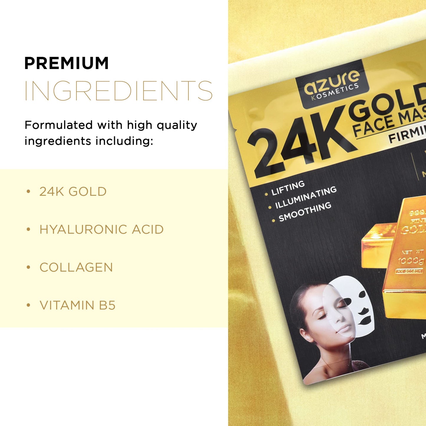 Azure Cosmetics 24K Gold Firming Face Mask- Anti Aging, Hydrating, Toning & Firming Facial Mask - Helps Reduce Wrinkles & Fine Lines with Hyaluronic Beauty & Personal Care Azure Cosmetics