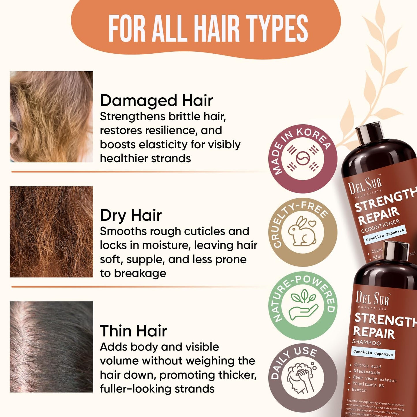 DEL SUR Hair Strengthening Shampoo and Conditioner Set | 16 fl oz Each | with Camellia Japonica, Niacinamide, Provitamin B5 & Biotin | Repair Beauty & Personal Care DEL SUR