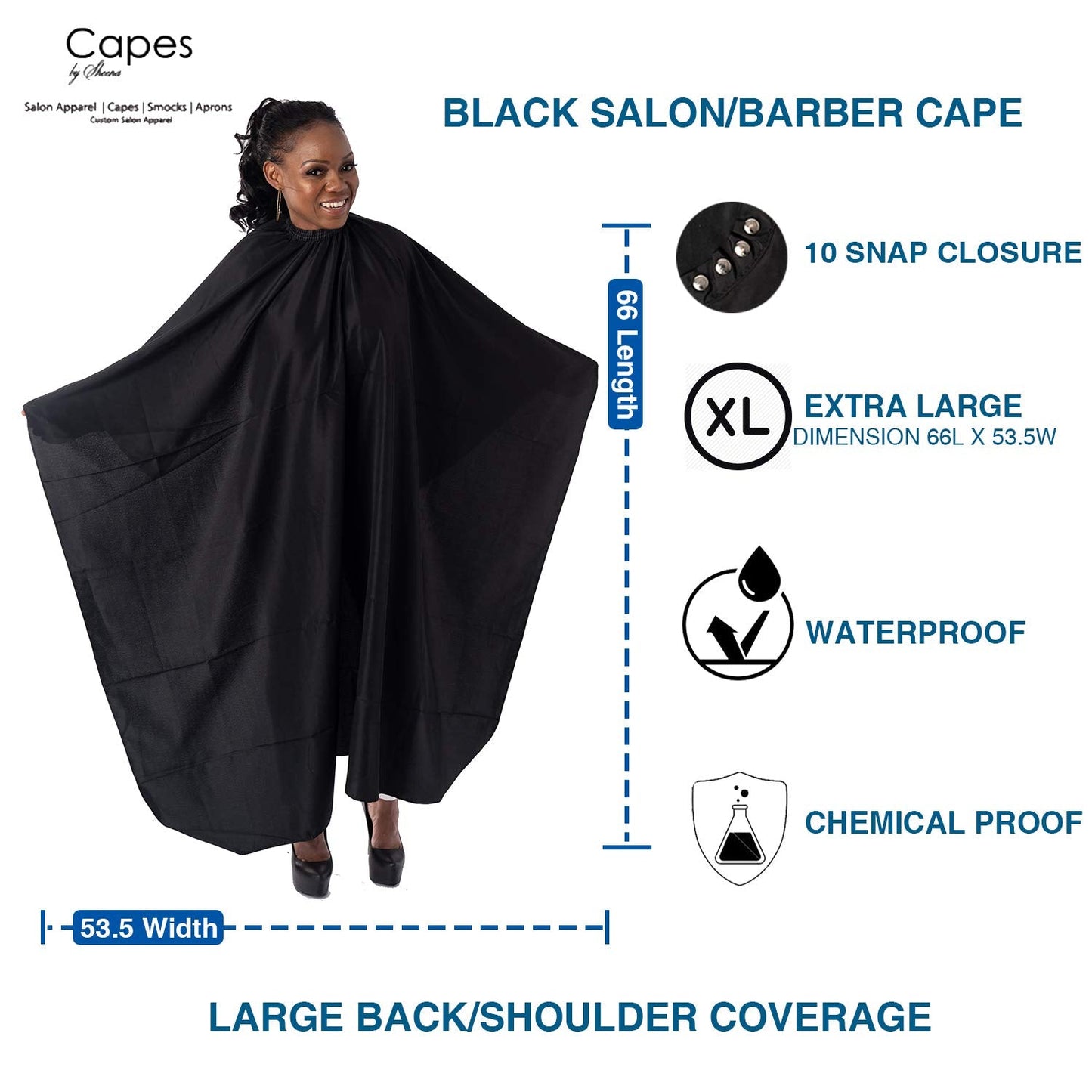 Capes By Sheena Black Nylon Hairdresser Barber Cape W/ 10 Snap Closure, X Large 66” L x 53.5” Stylist Supplies for Hair-Cutting Beauty & Personal Care Capes By Sheena
