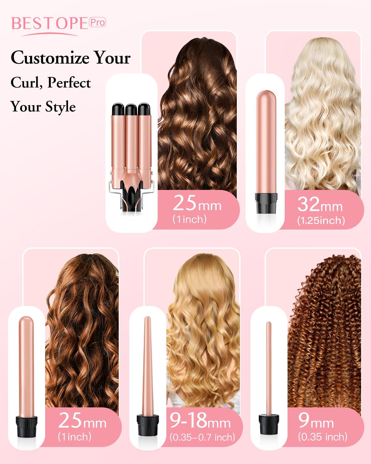 Waver Curling Iron Wand, BESTOPE PRO 5 in 1 Curling Wand Set with 3 Barrel Hair Crimper for Women, Fast Heating Hair Wand Curler in All Hair Type Beauty & Personal Care BESTOPE PRO