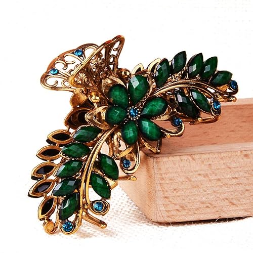 Large Metal Rhinestone Alloy Hair Claw Jaw Clip Retro Flowers Hair Clip Fancy Hair Barrette Clamp for Women and Girls Thick Hair (Green) Beauty & Personal Care Suoirblss