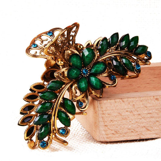 Large Metal Rhinestone Alloy Hair Claw Jaw Clip Retro Flowers Hair Clip Fancy Hair Barrette Clamp for Women and Girls Thick Hair (Green) Beauty & Personal Care Suoirblss