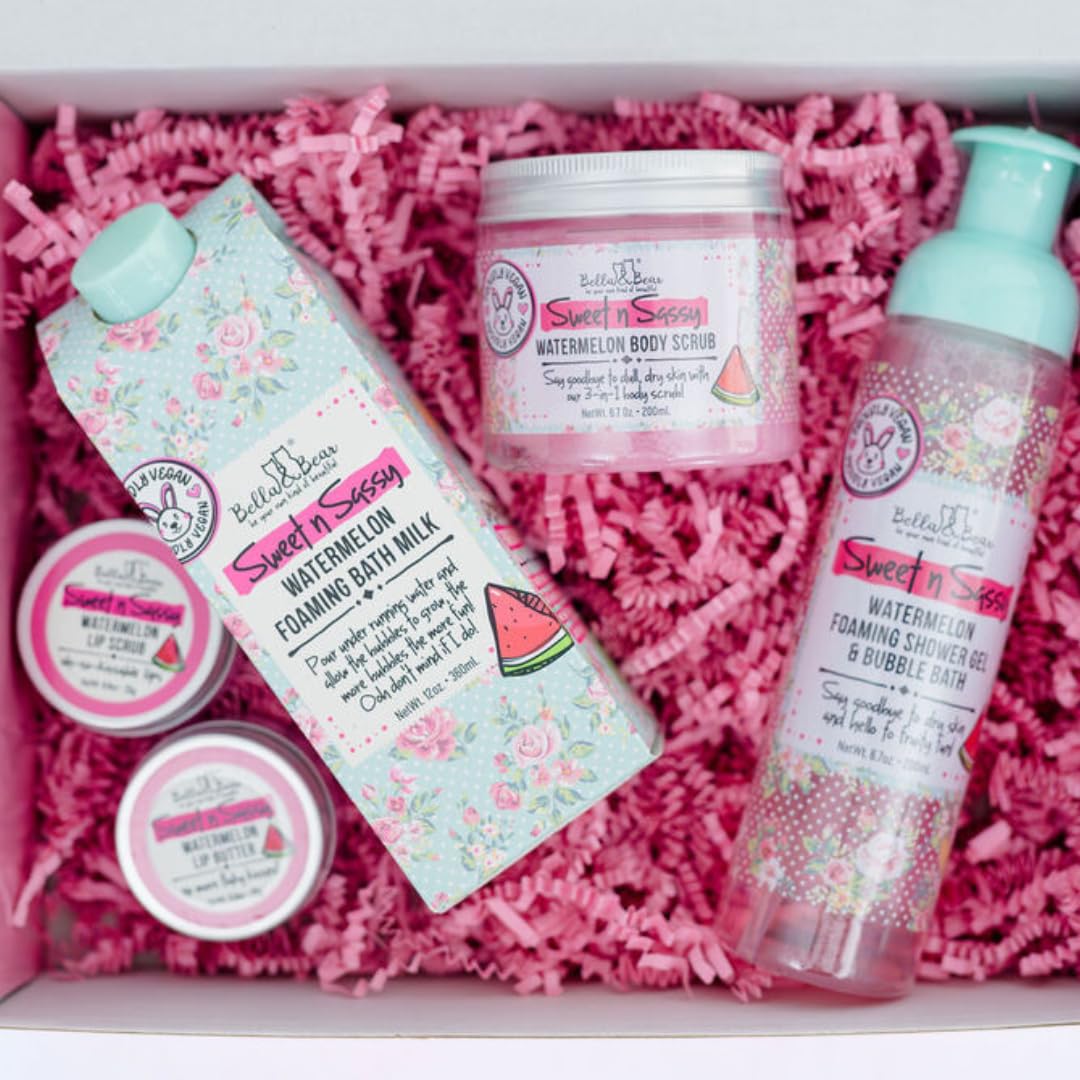 Bella & Bear Sweet 'n' Sassy Watermelon Mega Bath & Body Gift Set with Foaming Shower Gel & Bubble Bath, Bath Milk, Body Scrub & Lip Scrub and Lip Beauty and Personal Care Bella and Bear