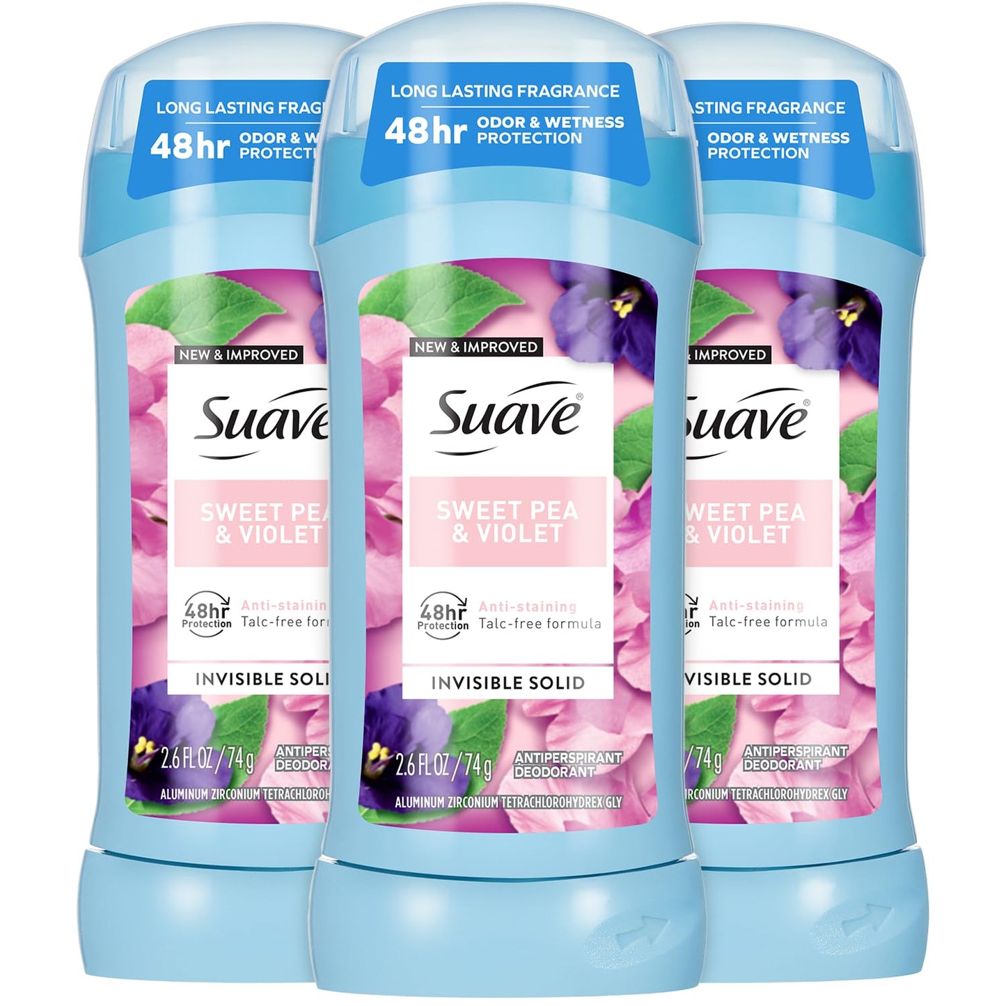 Suave Antiperspirant Deodorant for Women, Sweet Pea & Violet 3-Pack - Anti-Staining Invisible Solid Sticks, Talc-Free, 2.6 Oz Ea Beauty and Personal Care Suave