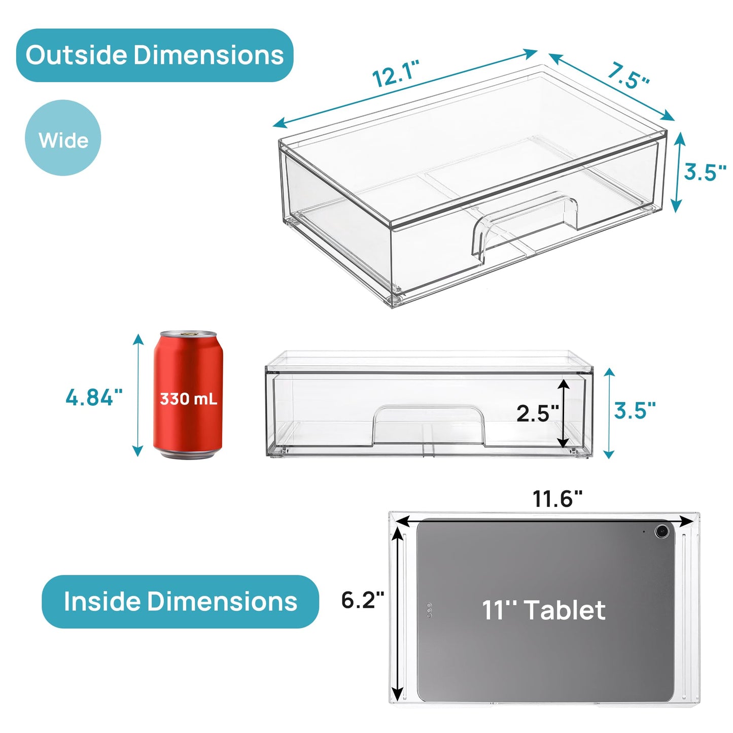 Vtopmart 12.1''W Clear Stackable Storage Drawers,2 Pack Acrylic Plastic Organizers Bins for Makeup Palettes, Cosmetics, and Beauty Supplies,Ideal Beauty and Personal Care Vtopmart