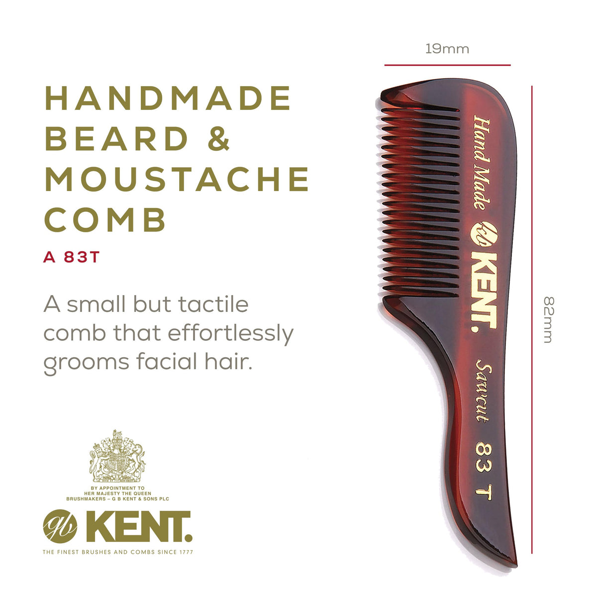 Kent 83T Small Gentleman's Beard and Mustache Pocket Comb, Fine Toothed Pocket Size for Facial Hair Grooming and Styling. Saw-cut of Quality Cellulose