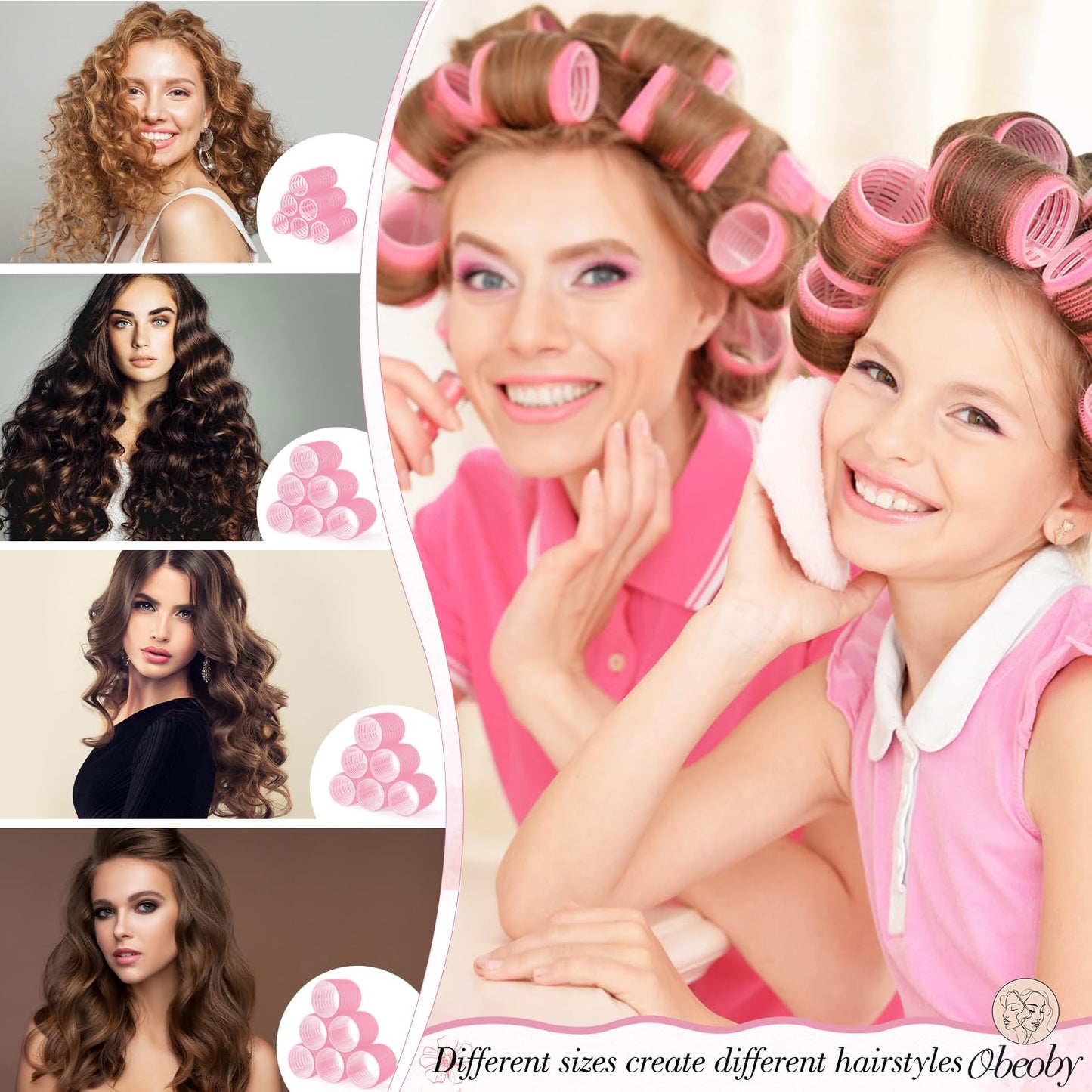 4 Sizes Self-Grip Hair Rollers Set for Long, Short Hair and Bangs - 50 Pcs with Clips (25mm, 36mm, 48mm, 60mm), Pink Beauty and Personal Care obeoby