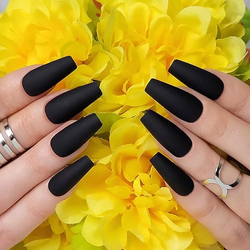 Hypnaughty 24 Pcs Noir Black Matte Luxury Coffin Press on Nails with Glue Medium Long Solid Black Color False Nails (Noir) Beauty & Personal Care Hypnaughty