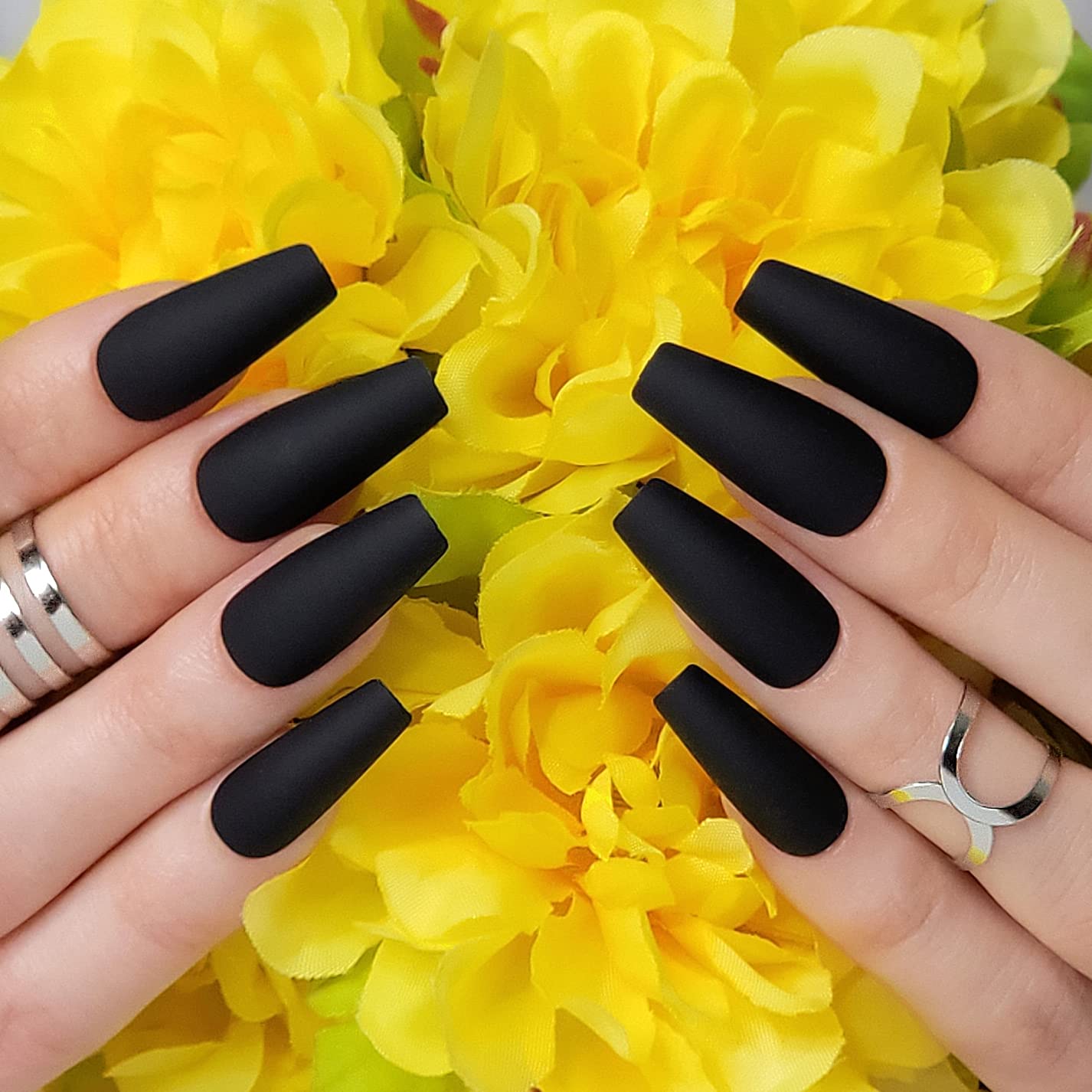Hypnaughty 24 Pcs Noir Black Matte Luxury Coffin Press on Nails with Glue Medium Long Solid Black Color False Nails (Noir) Beauty & Personal Care Hypnaughty