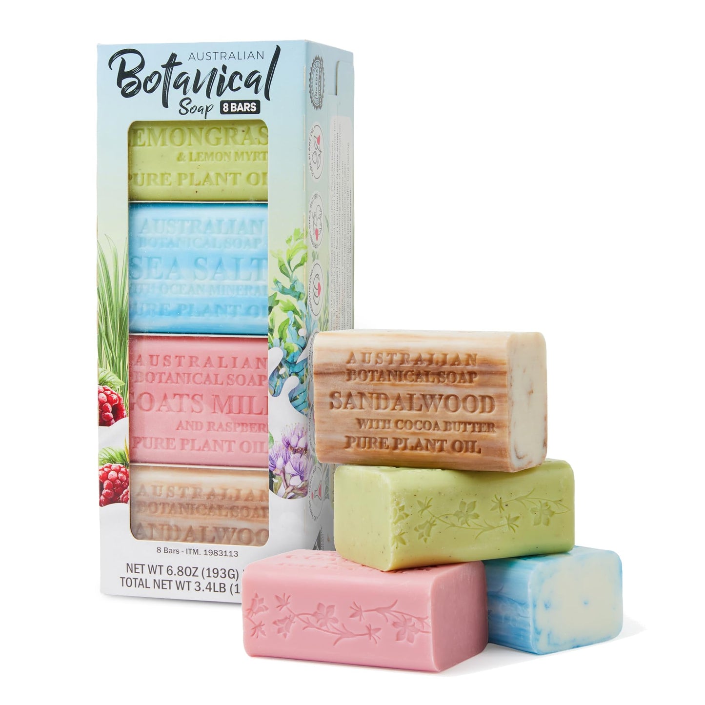 Australian Botanical Soap 8-Pack Variety Bar Soap Set, 6.6 oz Each (8 Bars) - 2 Each: Sandalwood, Sea Salt, Goats Milk Raspberry, Lemongrass & Lemon Beauty & Personal Care Australian Botanical Soap