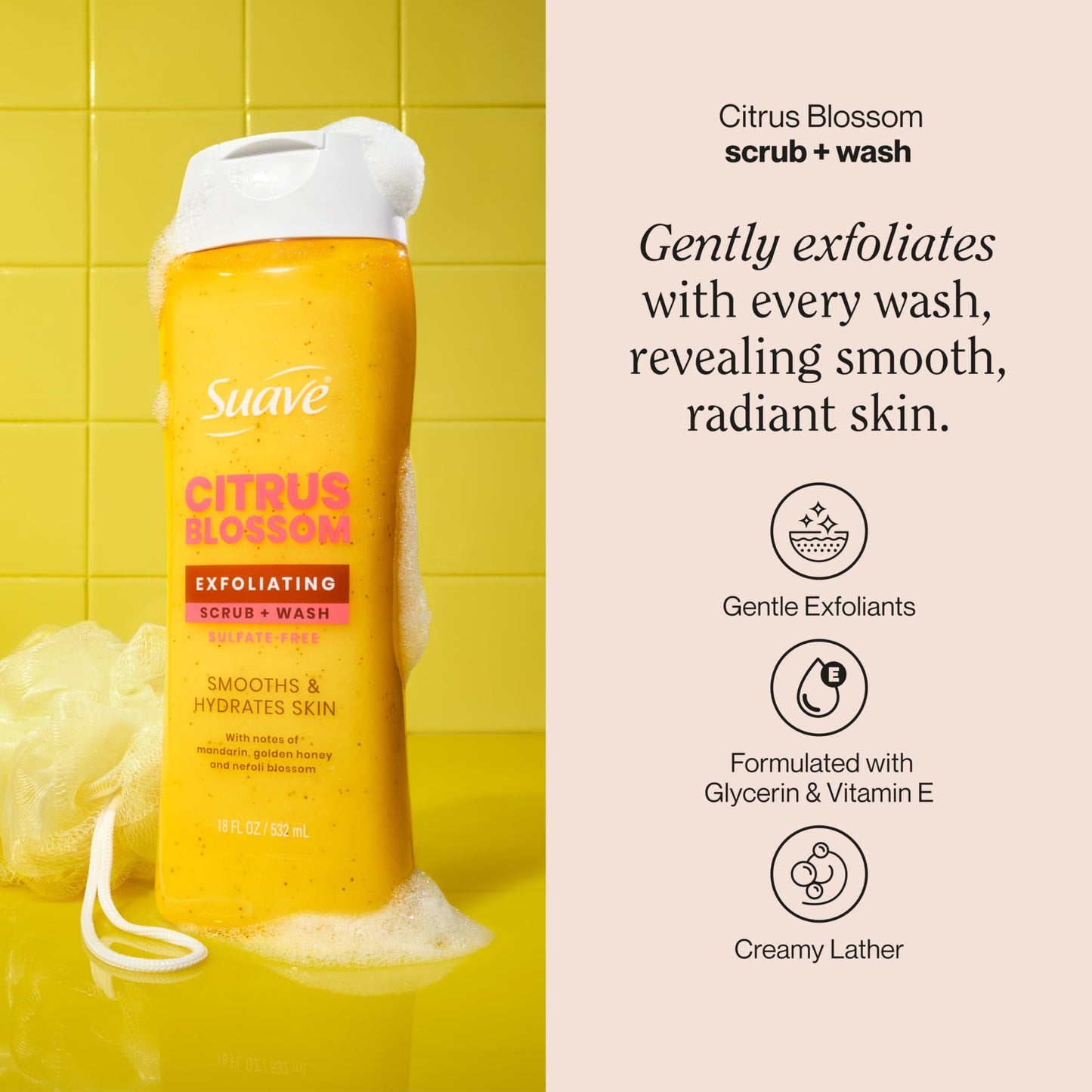 Suave Citrus Blossom Exfoliating Body Wash & Scrub with Glycerin & Vitamin E, Sulfate-Free Hydrating Cleanser for Soft, Smooth Skin, 18 FL OZ Beauty & Personal Care Suave