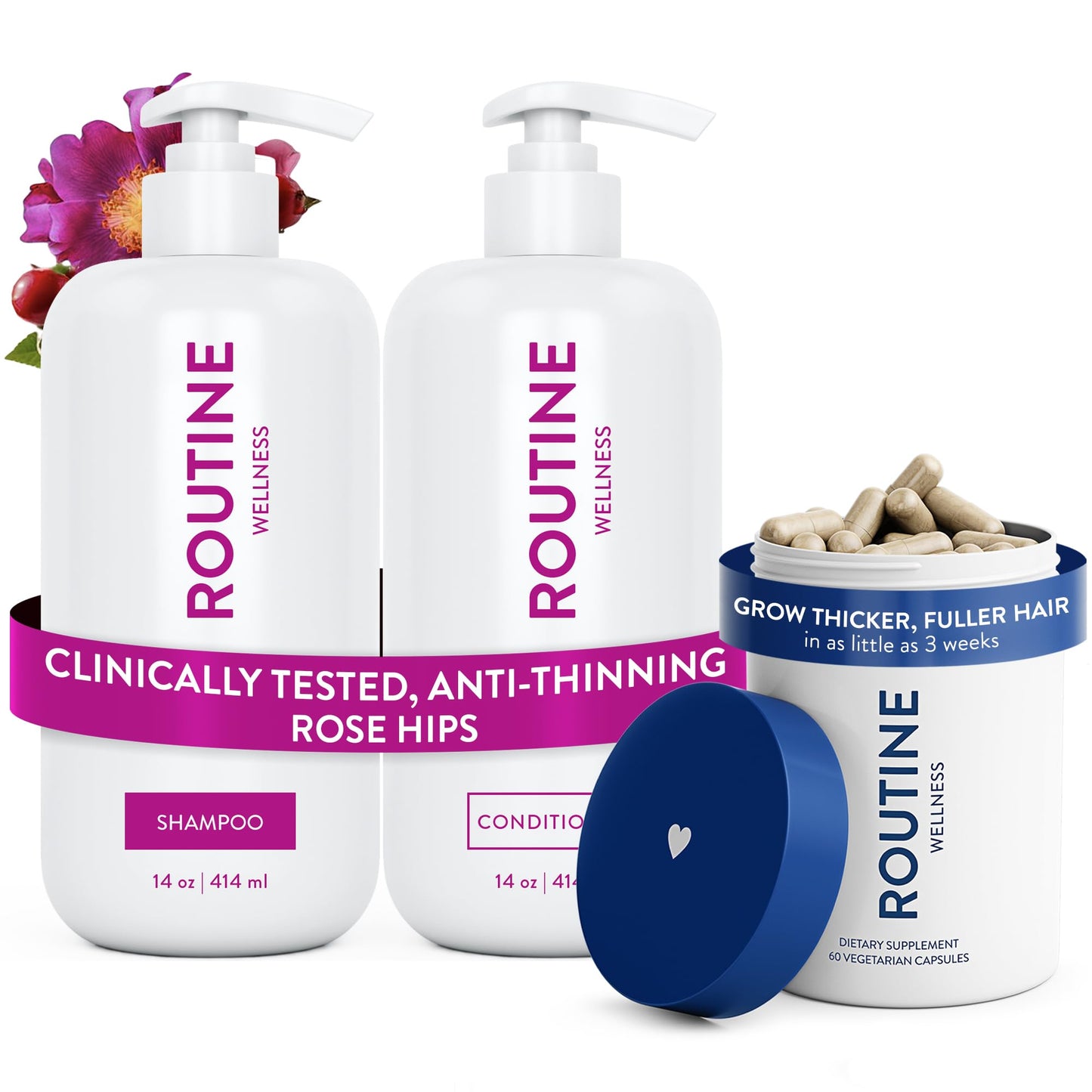 Routine Wellness Hair Thinning System, Anti-Thinning Shampoo & Conditioner Set Rose Hips + Hair Growth Supplement, Clinically Tested to Support Hair Beauty & Personal Care Routine Wellness