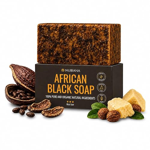 Nubiana Raw African Black Soap Bar 8 oz, Pure Natural 100% Authentic Black African Soap Handmade in Ghana with Unrefined Shea Butter, Cocoa Pod Ash Beauty & Personal Care Nubiana